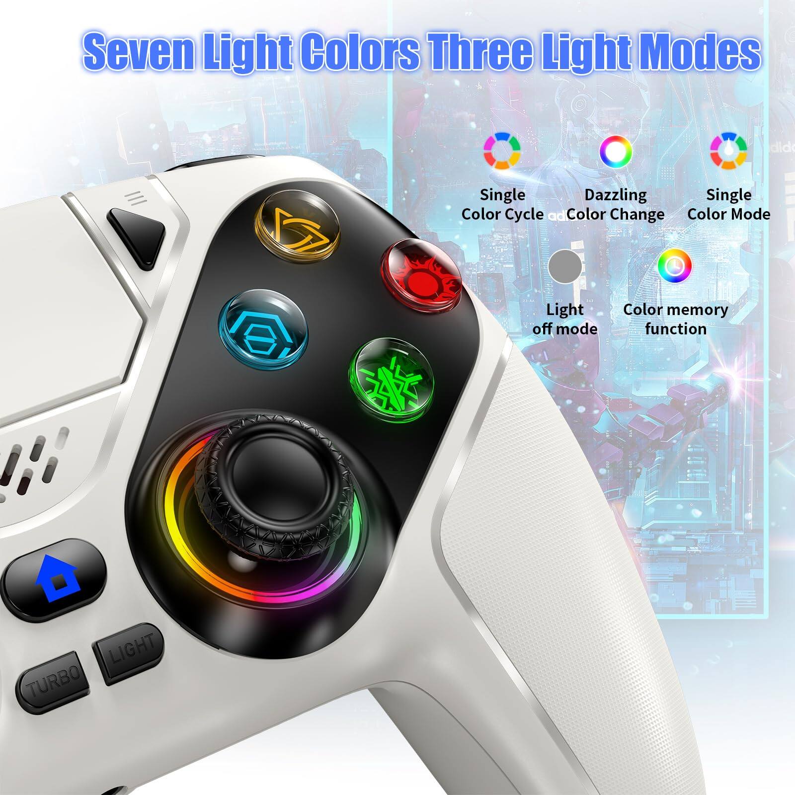 Seven Light Colors Three Light Modes

- Single Color Cycle
- Dazzling Color Change
- Single Color Mode
- Light off mode
- Color memory function
- LIGHT TURBO