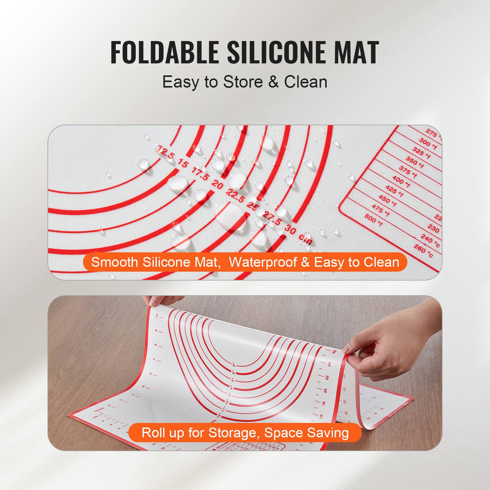 FOLDABLE SILICONE MAT  
Easy to Store & Clean  

Smooth Silicone Mat, Waterproof & Easy to Clean  

Roll up for Storage, Space Saving