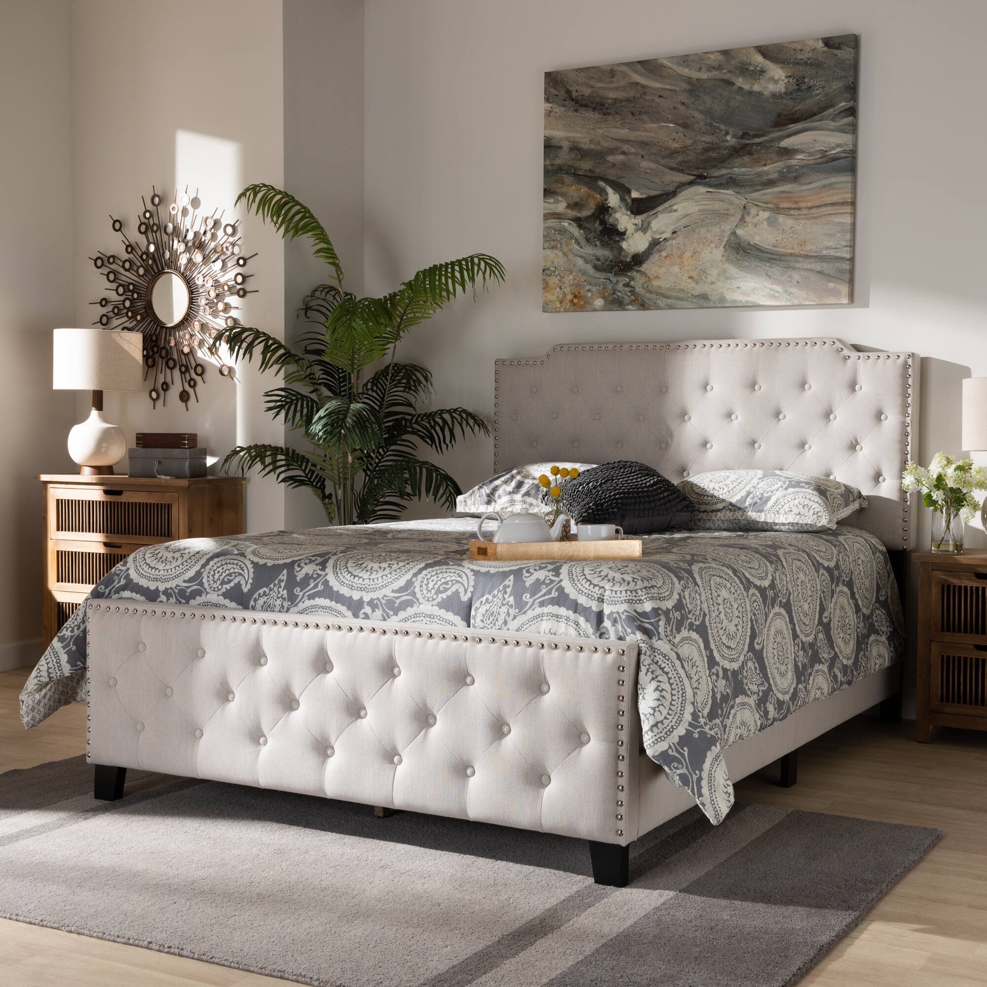 Alt View 2. Baxton Studio - Marion Modern Transitional Fabric Upholstered Button Tufted Panel Bed - Beige/Black.