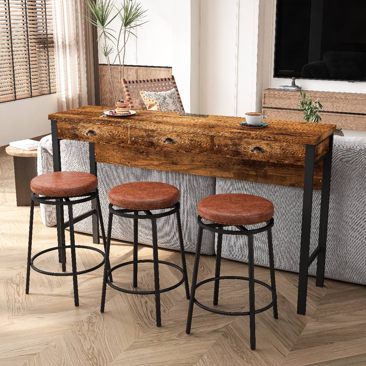 Loheer 3 Drawer Dining Table Set With Power Outlets and Three PU Stools ...