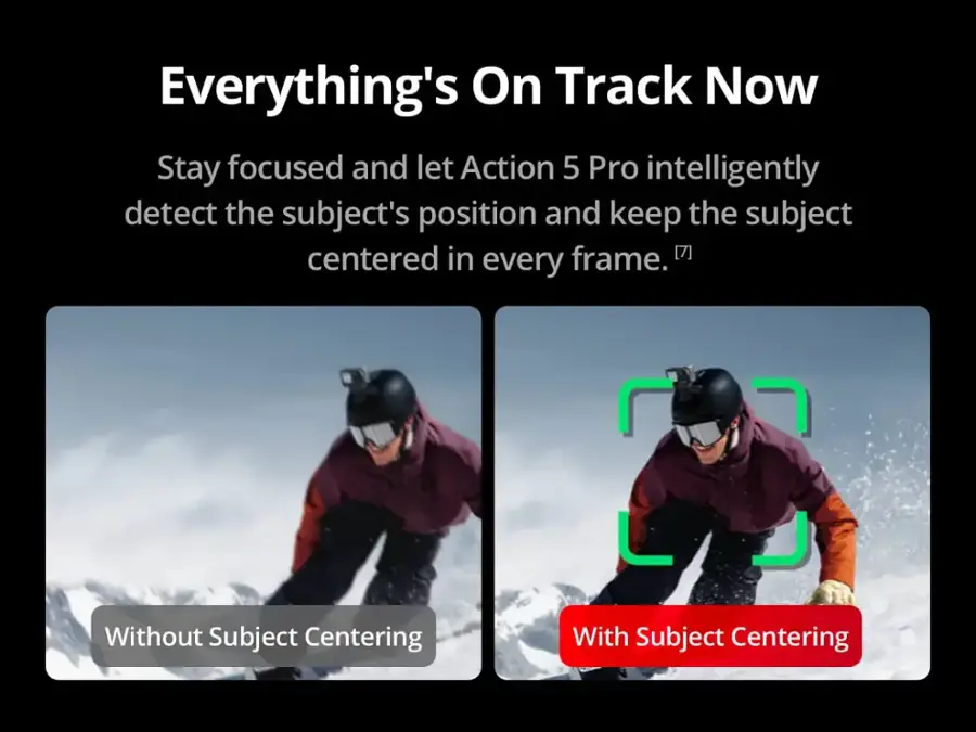 Everything's On Track Now Stay focused and let Action 5 Pro intelligently detect the subject's position and keep the subject centered in frame. [7] Without Subject Centering With Subject Centering