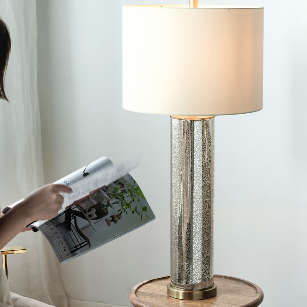 Left. Luckbyte - 16x16x35 Inch Gold Mirrored Glass Table Lamp With White Fabric Shade.