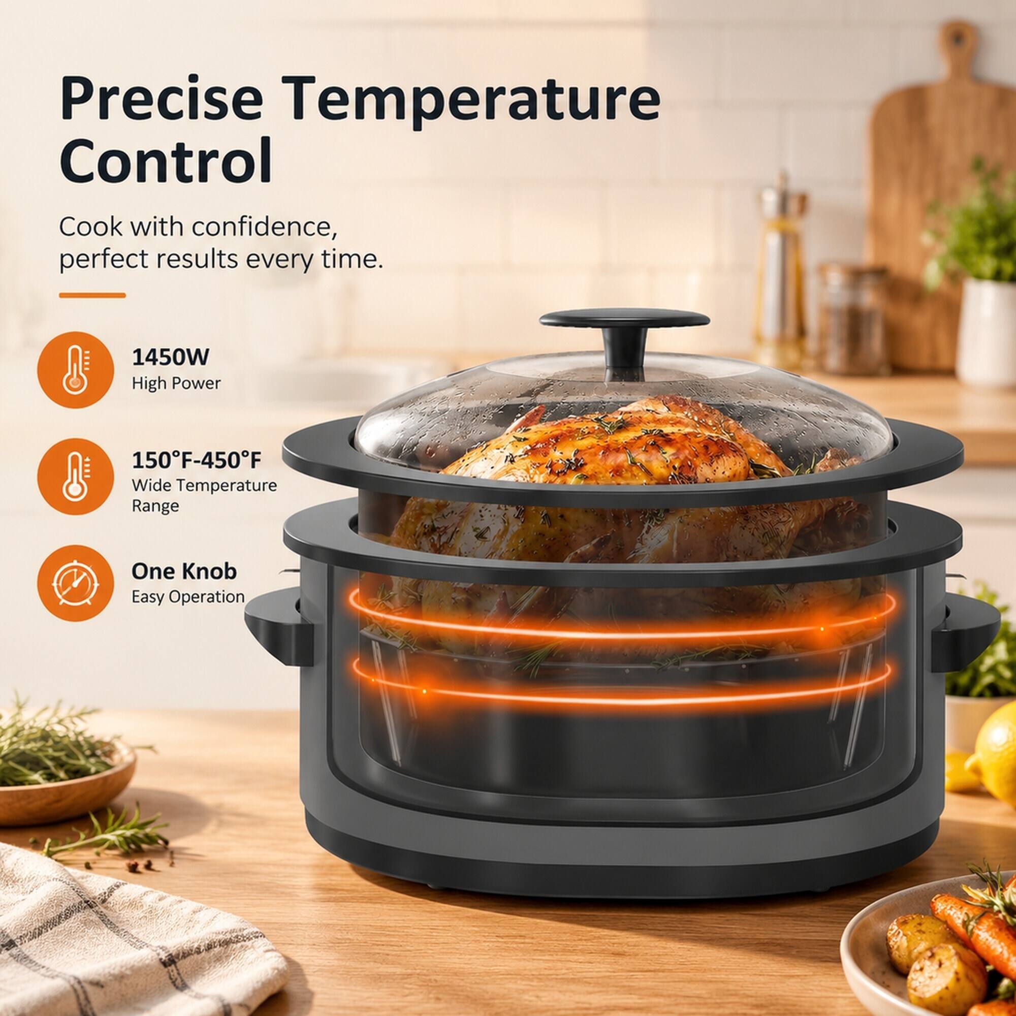 Precise Temperature Control  
Cook with confidence, perfect results every time.  

1450W High Power  
150°F-450°F Wide Temperature Range  
One Knob Easy Operation
