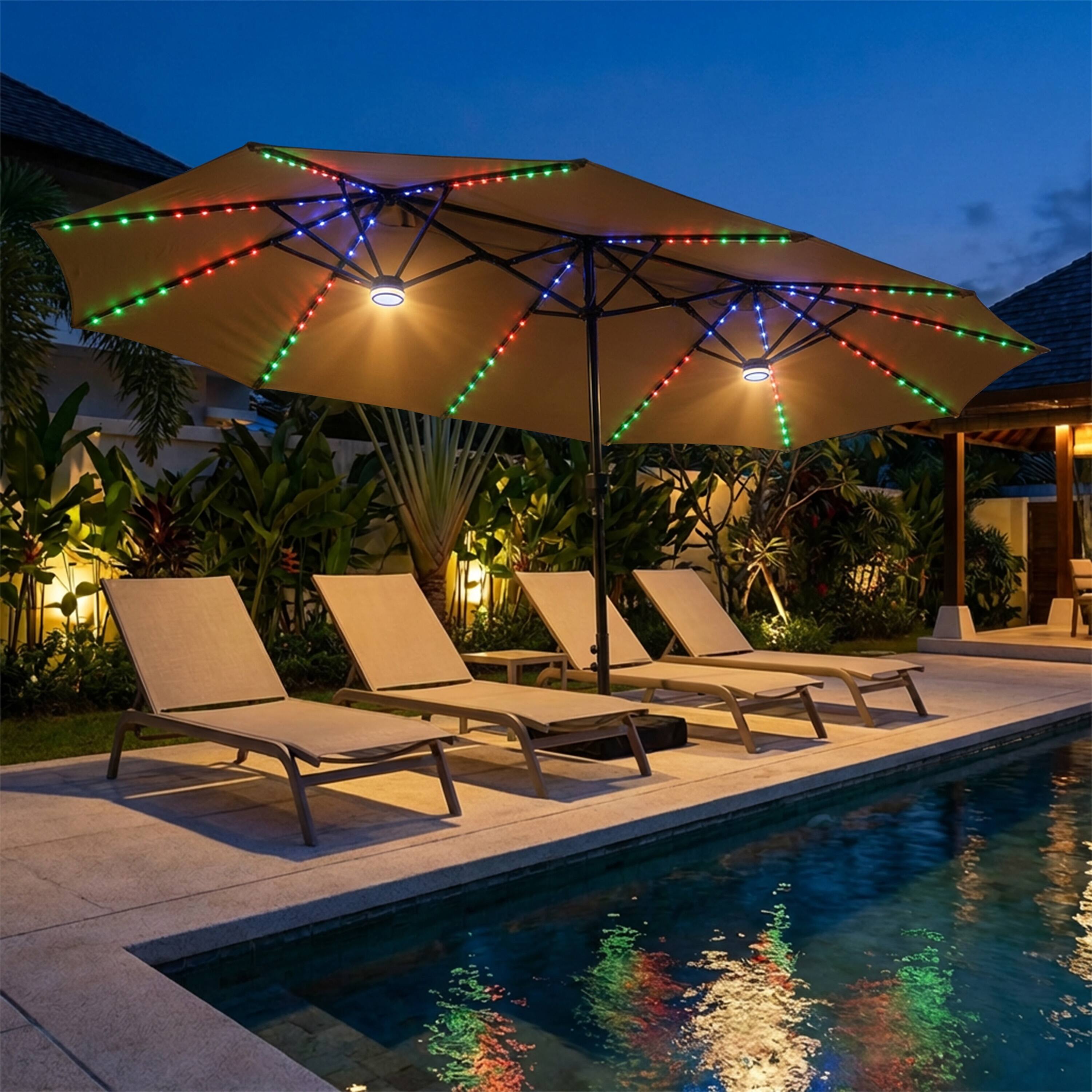 Back. Mondawe - 15ft Double-Sided Solar RGB LED Patio Umbrella with Base, Dual Charging - Tan.