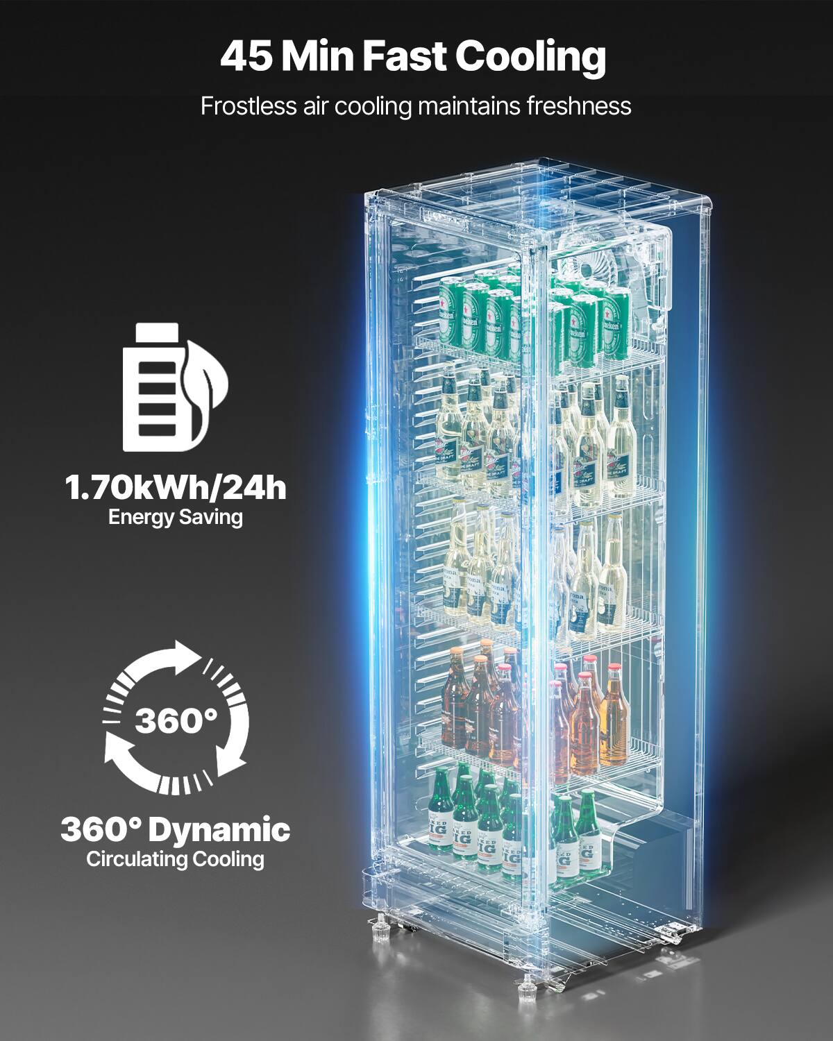 45 Min Fast Cooling Frostless air cooling maintains freshness
1.70kWh/24h Energy Saving
360° Dynamic Circulating Cooling
