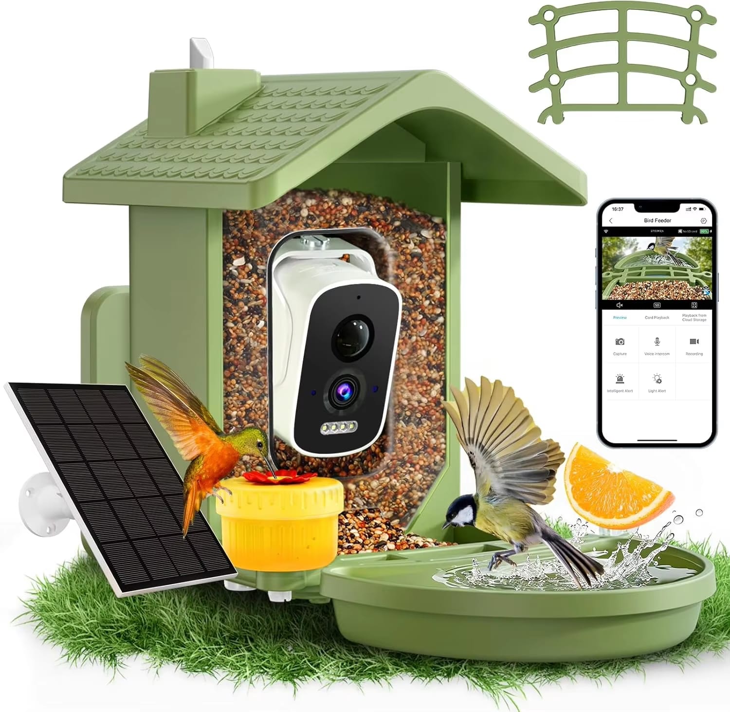 Luckbyte - Solar Powered Smart Bird Feeder with AI Camera 2.5K HD Video Weatherproof Bird Watcher Gift - Green