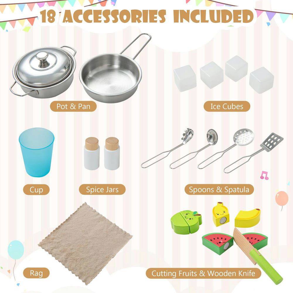 18 ACCESSORIES INCLUDED

- Pot & Pan
- Ice Cubes
- Cup
- Spice Jars
- Spoons & Spatula
- Rag
- Cutting Fruits & Wooden Knife