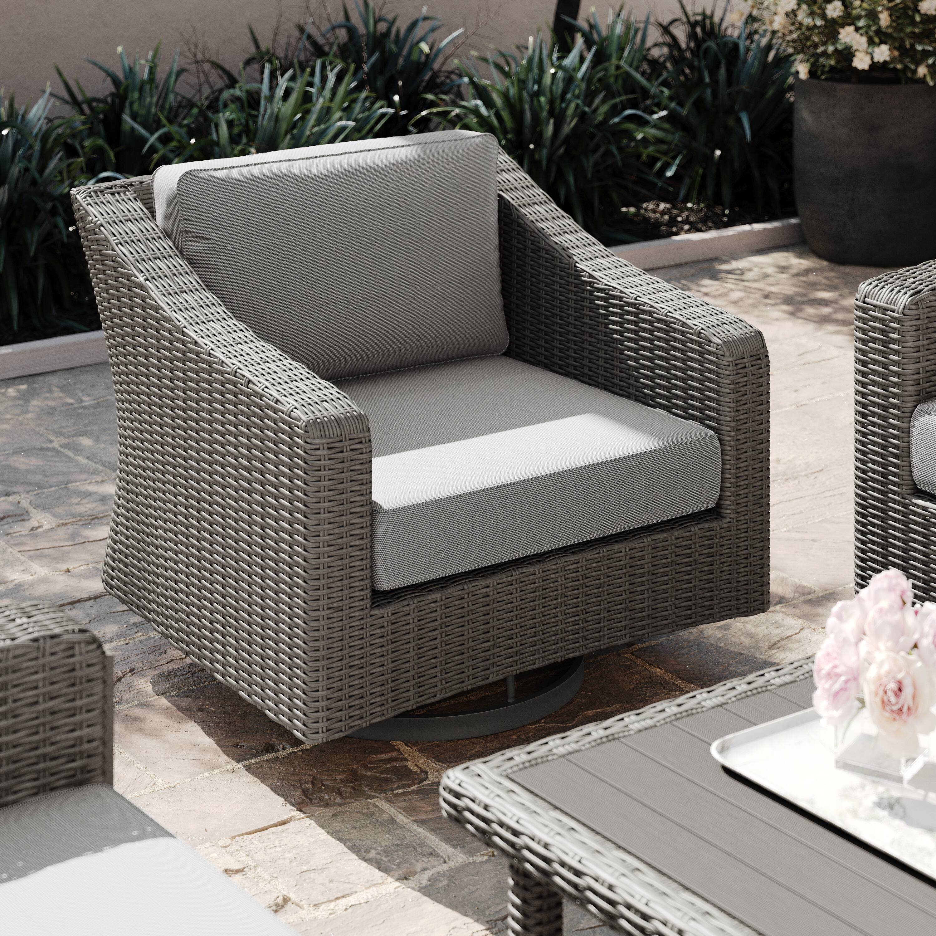Alt View 4. Martha Stewart - Bedford Outdoor Rattan Wicker Swivel Chair with All-Weather Cushions - Gray Cushions/Gray Frame.