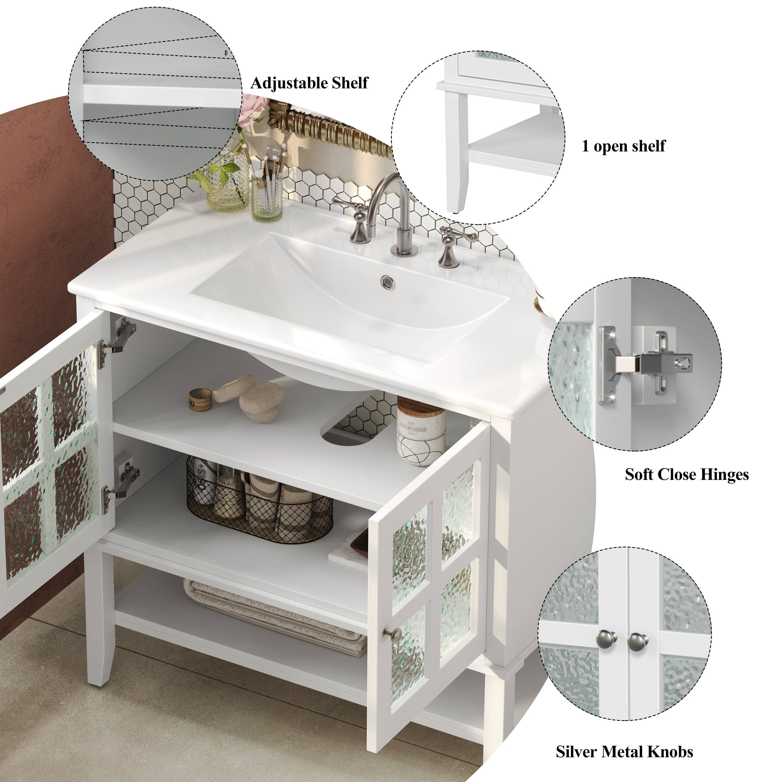 - Adjustable Shelf
- 1 open shelf
- Soft Close Hinges
- Silver Metal Knobs