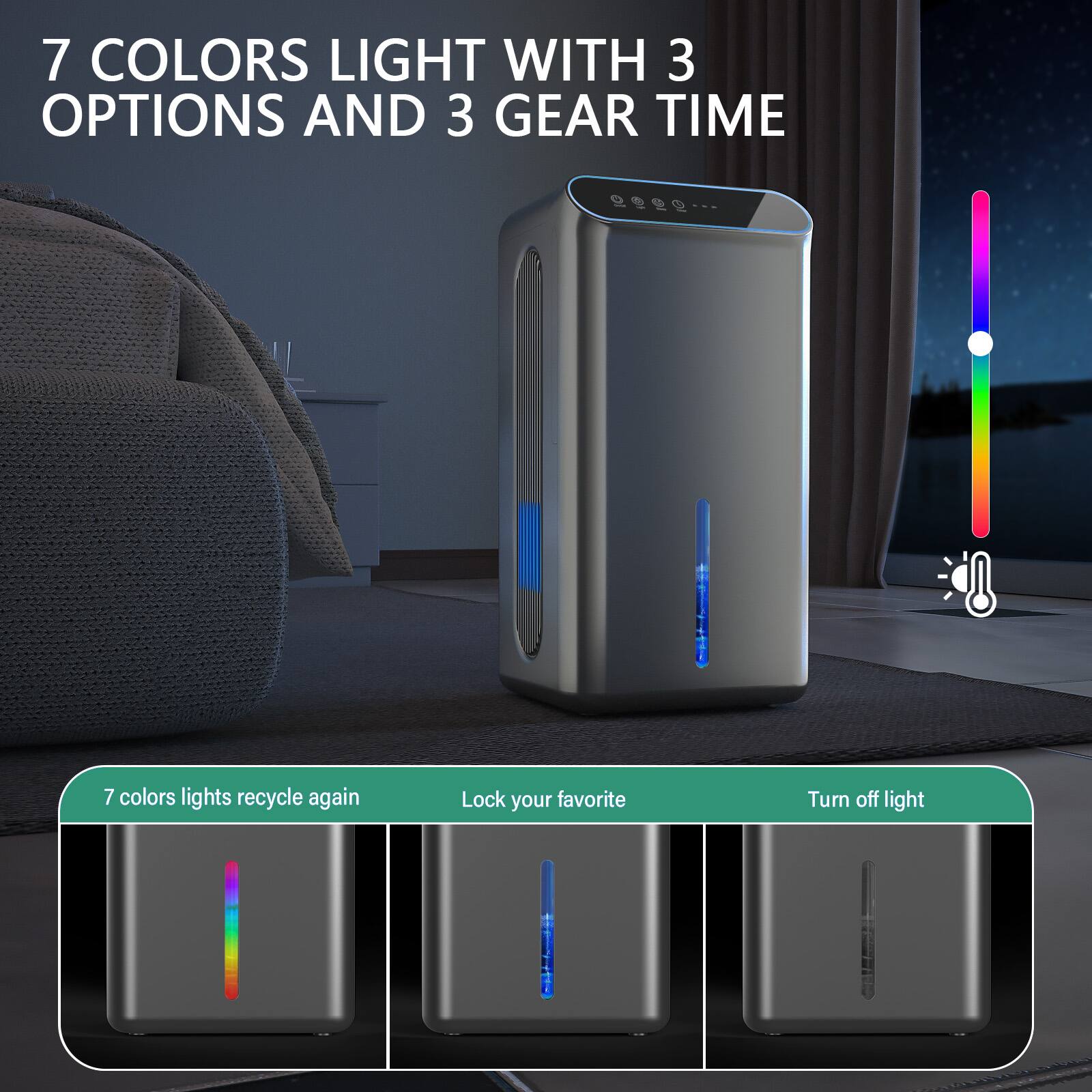 7 COLORS LIGHT WITH 3 OPTIONS AND 3 GEAR TIME

7 colors lights recycle again
Lock your favorite
Turn off light