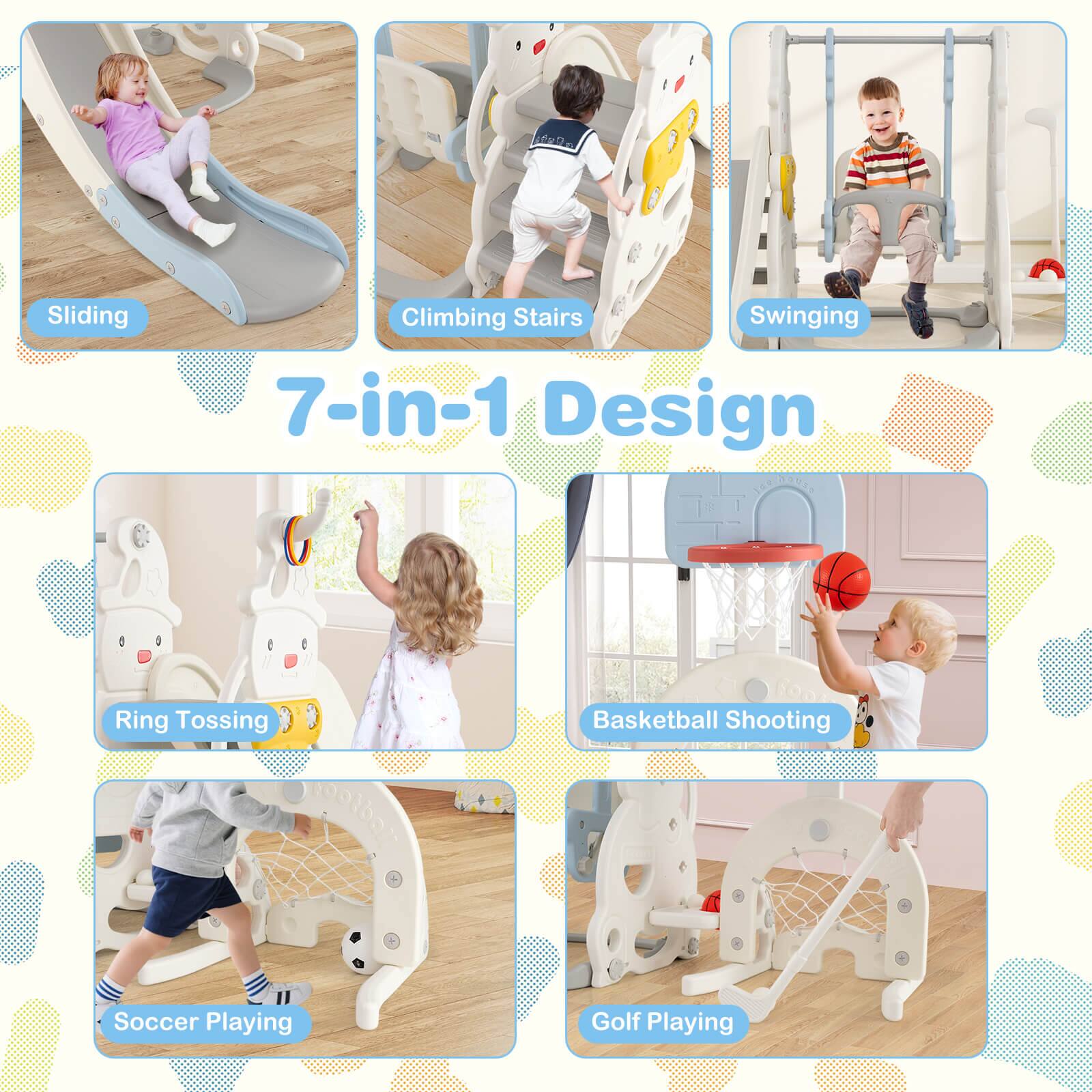 AeR Sliding Climbing Stairs Swinging 7-in-1 Design  
Ring Tossing Basketball Shooting Soccer Playing Golf Playing