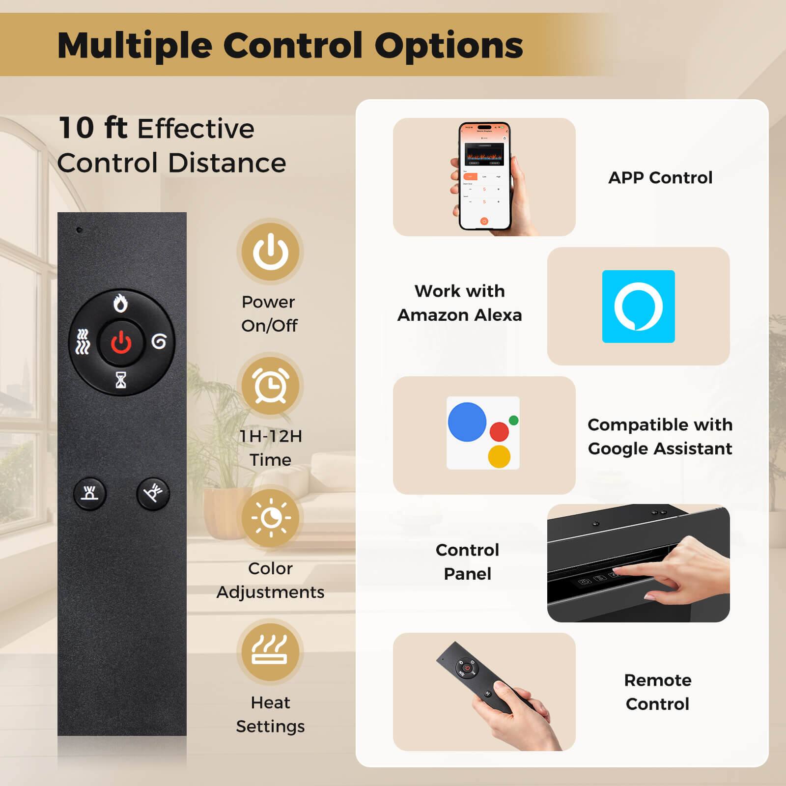 Multiple Control Options

- 10 ft Effective Control Distance
- APP Control
- Power On/Off
- Work with Amazon Alexa
- 1H-12H Time
- Compatible with Google Assistant
- Color Adjustments
- Control Panel
- Heat Settings
- Remote Control