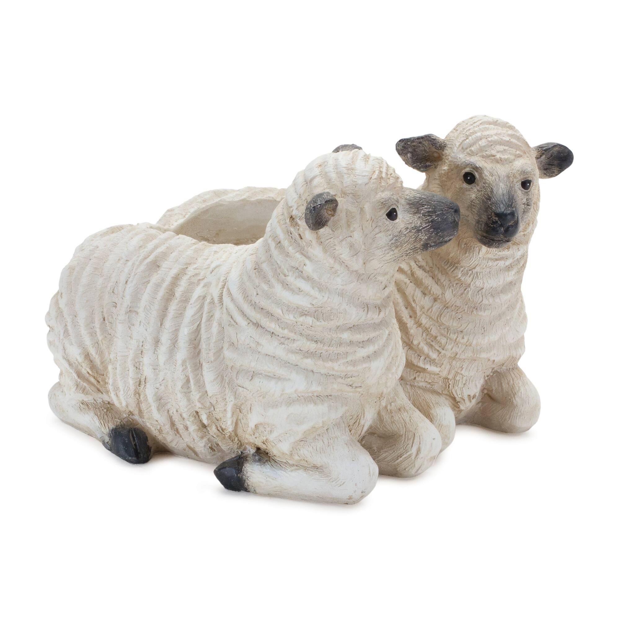 Front. BreeBe - Sheep Couple Planter (Set of 2) - Cream, Black.