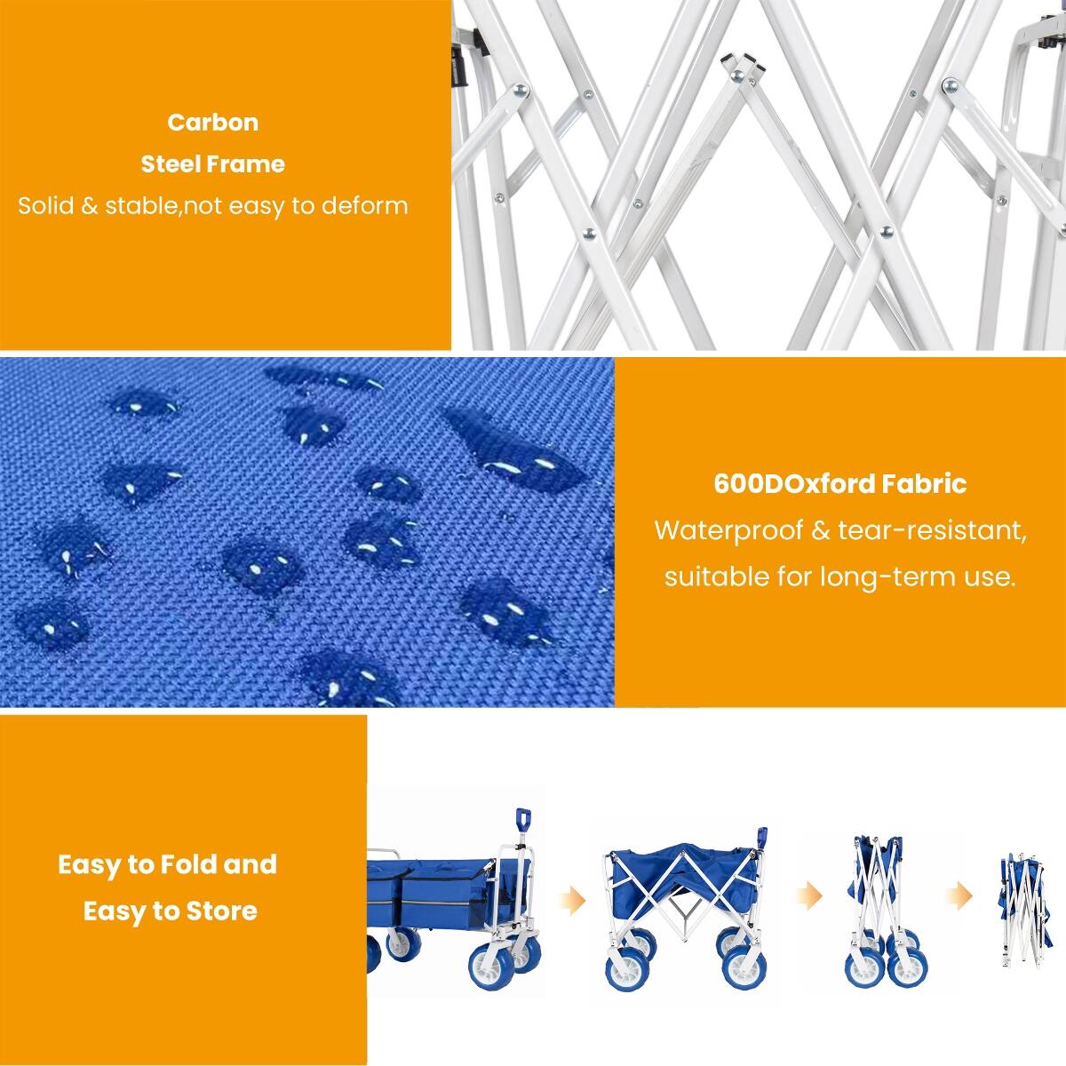 Carbon Steel Frame  
Solid & stable, not easy to deform  

600D Oxford Fabric  
Waterproof & tear-resistant, suitable for long-term use.  

Easy to Fold and Easy to Store