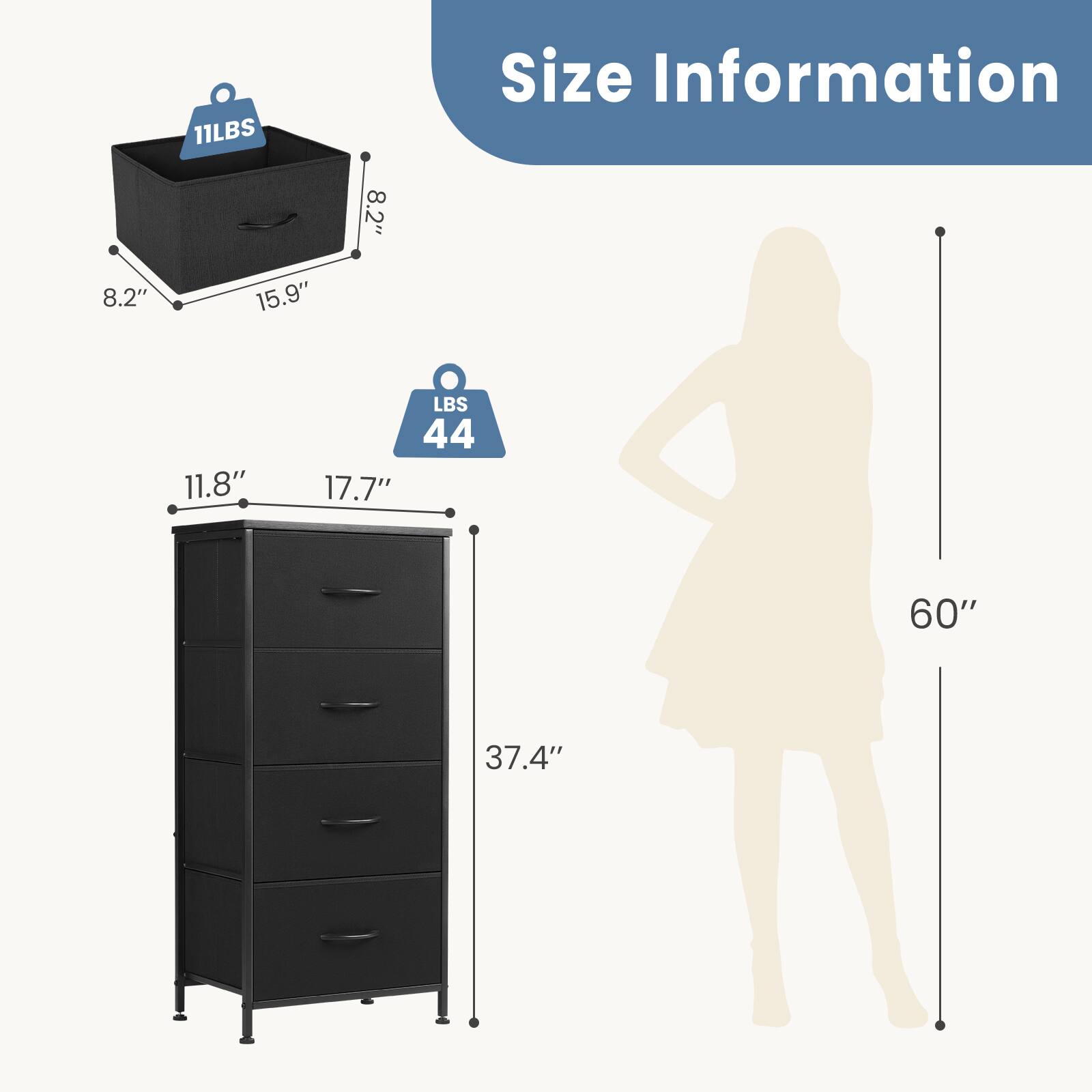 Size Information

- 11LBS
  - 8.2" (width)
  - 15.9" (depth)
  - 8.2" (height)

- LBS 44
  - 11.8" (width)
  - 17.7" (depth)
  - 37.4" (height)

- 60" (height of the person)