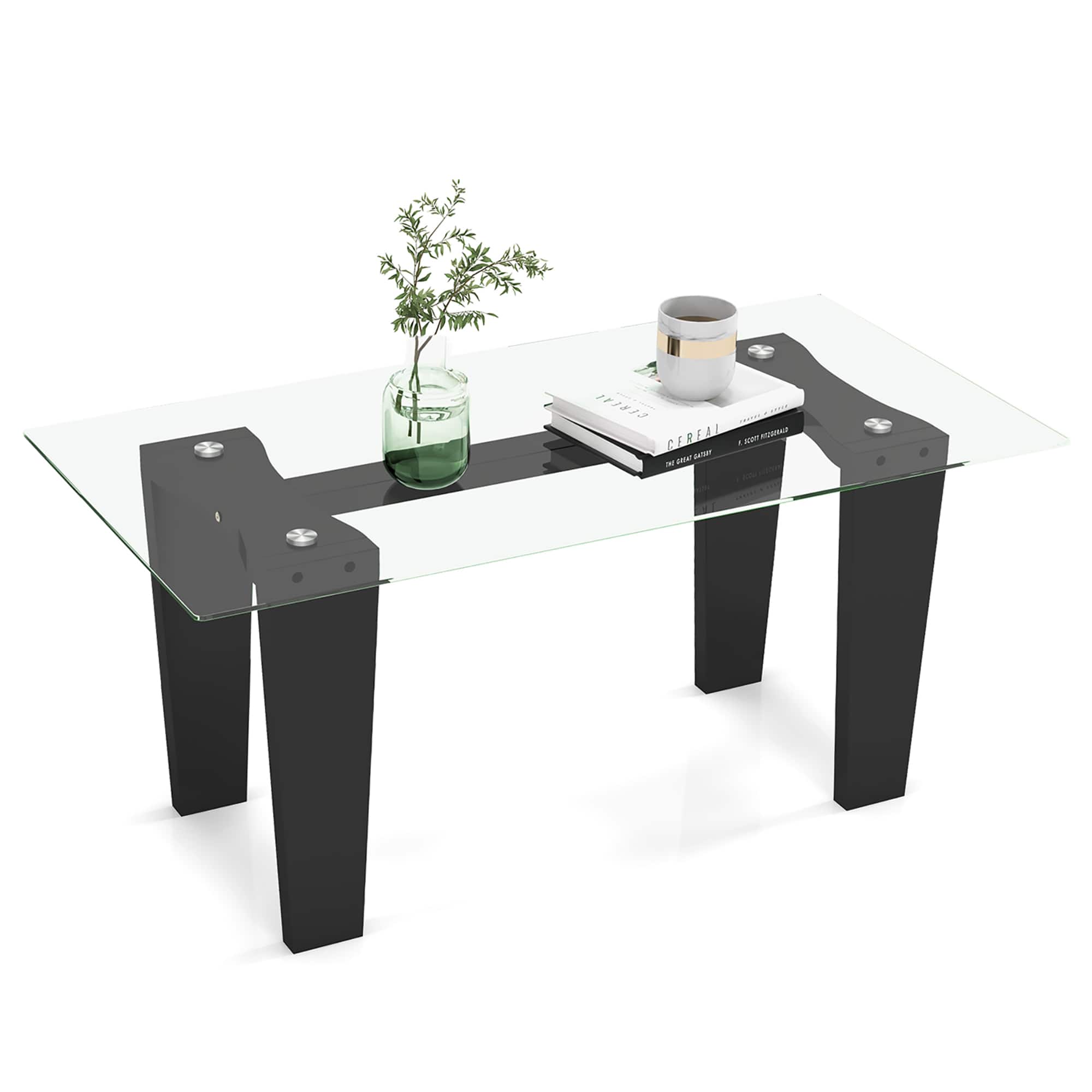 Gymax - Rectangle Coffee Table Modern Tempered Glass Top Accent Table Black - Transparent, Black