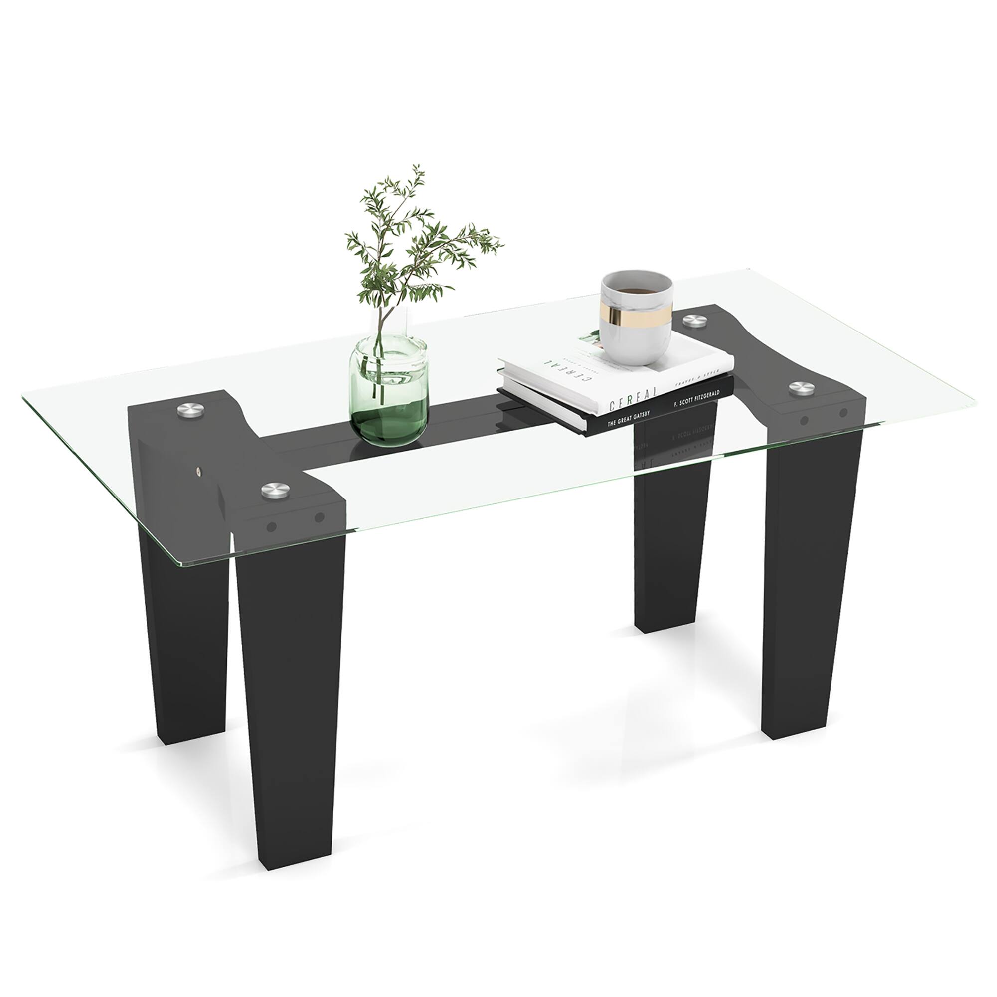 Gymax - Rectangle Coffee Table Modern Tempered Glass Top Accent Table Black - Transparent, Black
