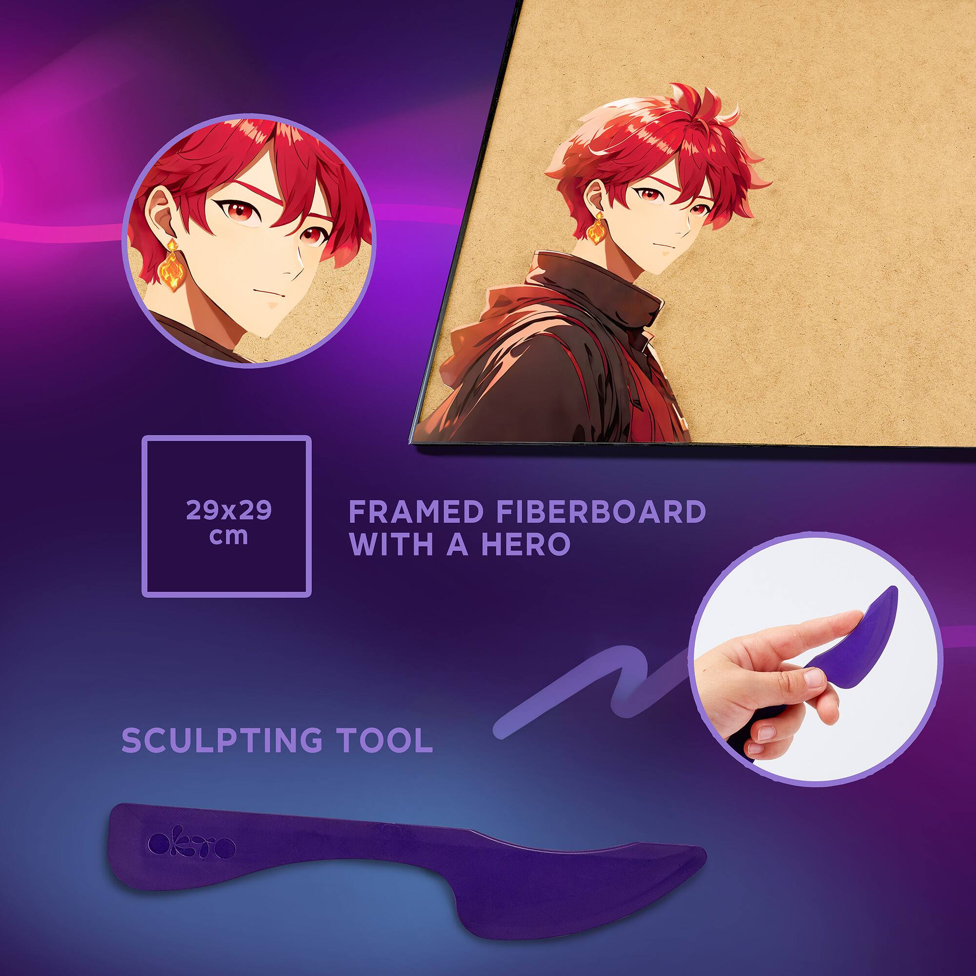 29x29 cm FRAMED FIBERBOARD WITH A HERO SCULPTING TOOL