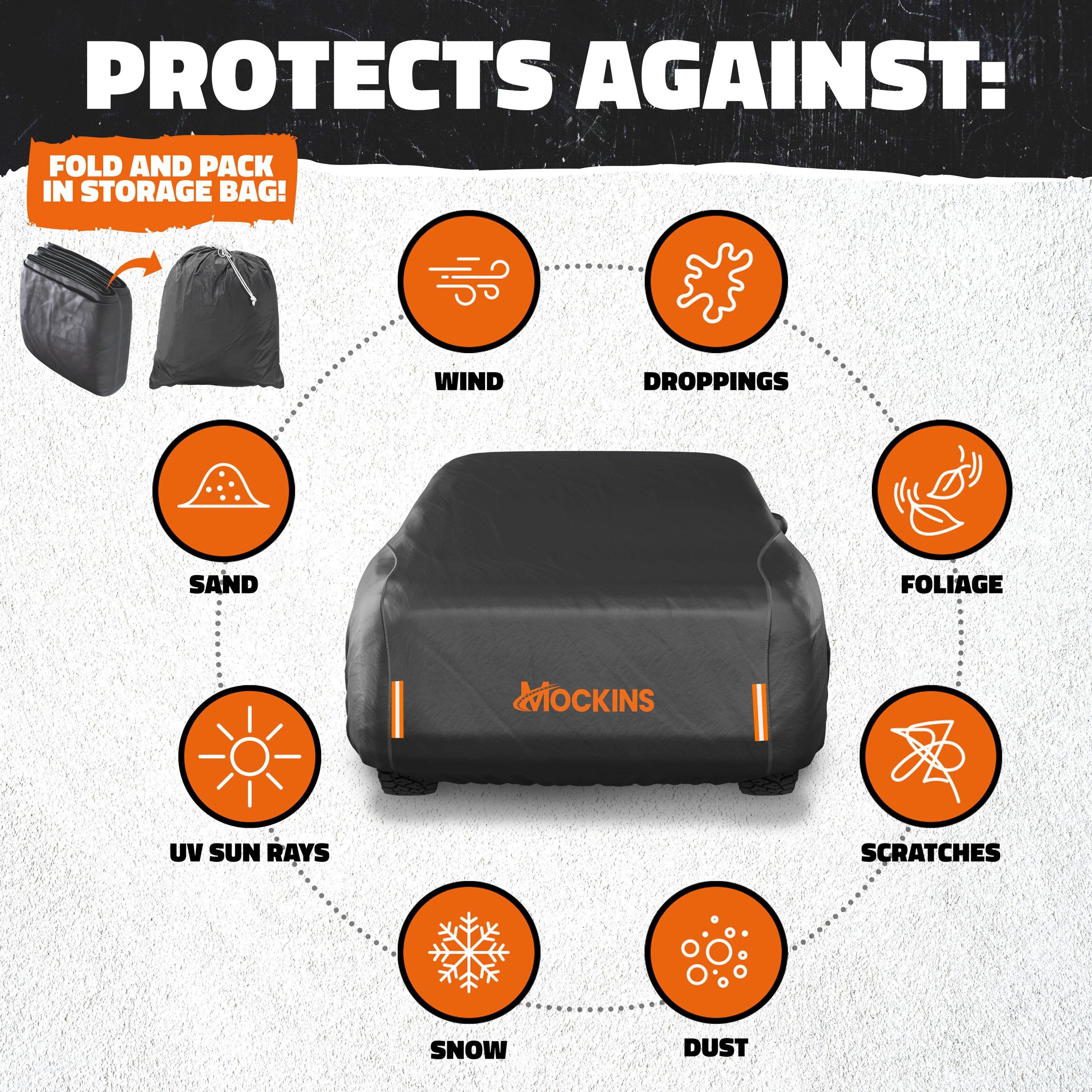 PROTECTS AGAINST:

FOLD AND PACK IN STORAGE BAG!

- WIND
- DROPPINGS
- SAND
- FOLIAGE
- UV SUN RAYS
- SNOW
- DUST
- SCRATCHES