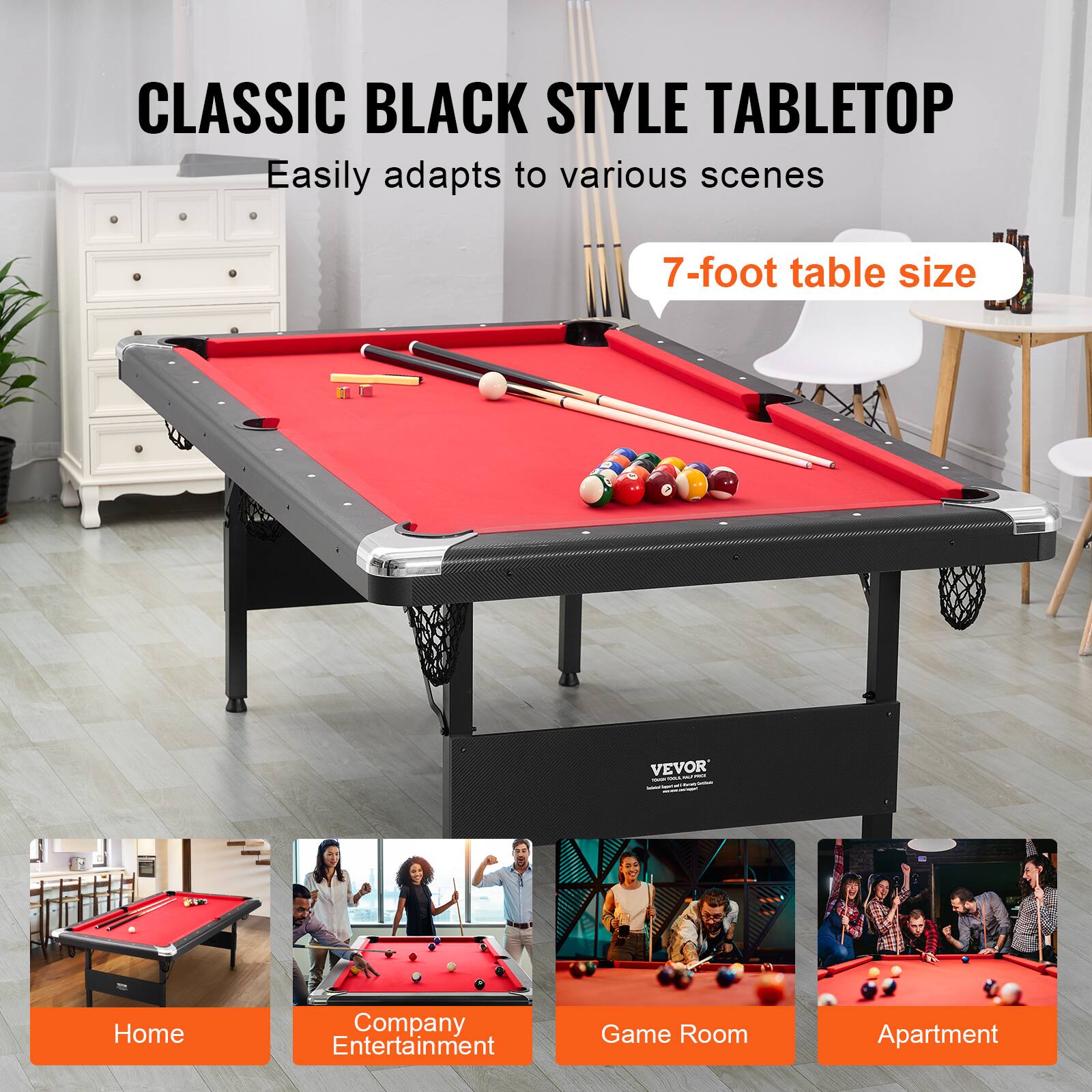 CLASSIC BLACK STYLE TABLETOP Easily adapts to various scenes 7-foot table size VEVOR Home Company Entertainment Game Room Apartment
