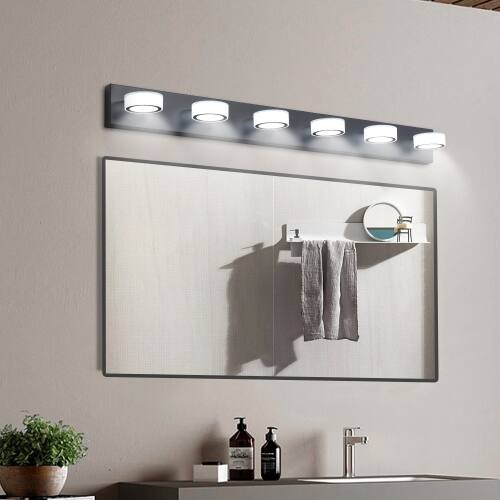 Angle. LUCKY ONE - 45in Wall Mount LED Vanity Light, 6-Light Black Bathroom Fixture with 360° Rotatable Joints - Black.
