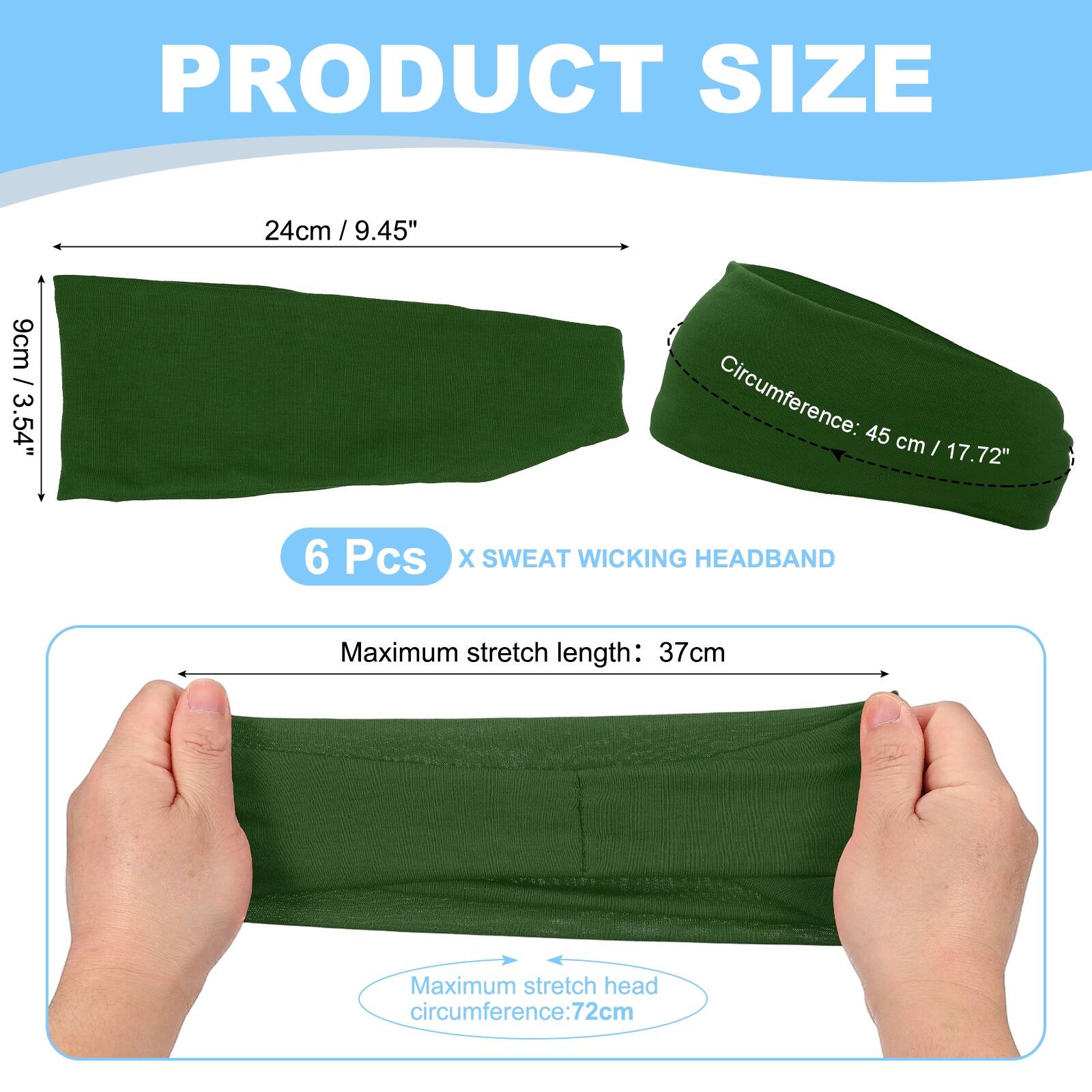 PRODUCT SIZE

24cm / 9.45"  
9cm / 3.54"  
Circumference: 45 cm / 17.72"  

6 Pcs X SWEAT WICKING HEADBAND  

Maximum stretch length: 37cm  
Maximum stretch head circumference: 72cm