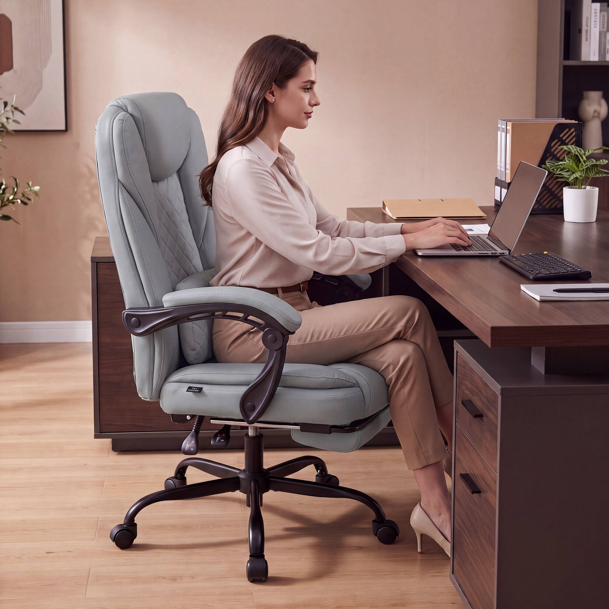 Alt View 3. Dowinx - Ergonomic Executive Leather Reclining Chair with Footrest,Office Chair with Quilted Lumbar Support & Adjustable Arms. - Heather Gray.