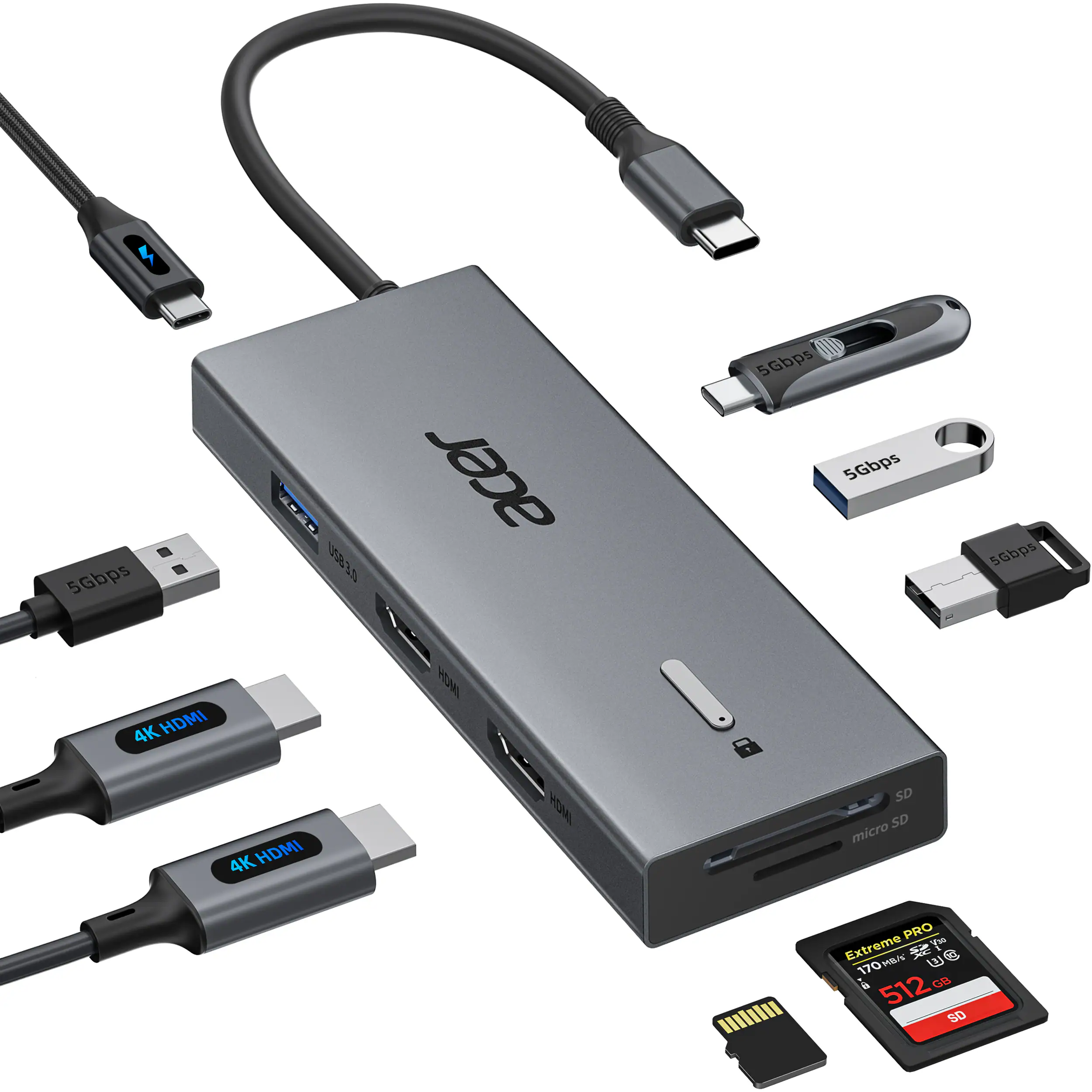 Angle. Acer - USB C Docking Station Dual Monitor With 4K HDMI, 9-IN-1 Docking Station with USB A&C 3.0, SD/Micro SD, 100W Charging - Grey.