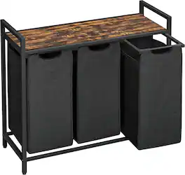 Songmics Home - VASAGLE 3-Compartment Laundry Sorter with Pull-Out Removable Bags, Shelf, Metal Frame in Rustic Brown and - Black