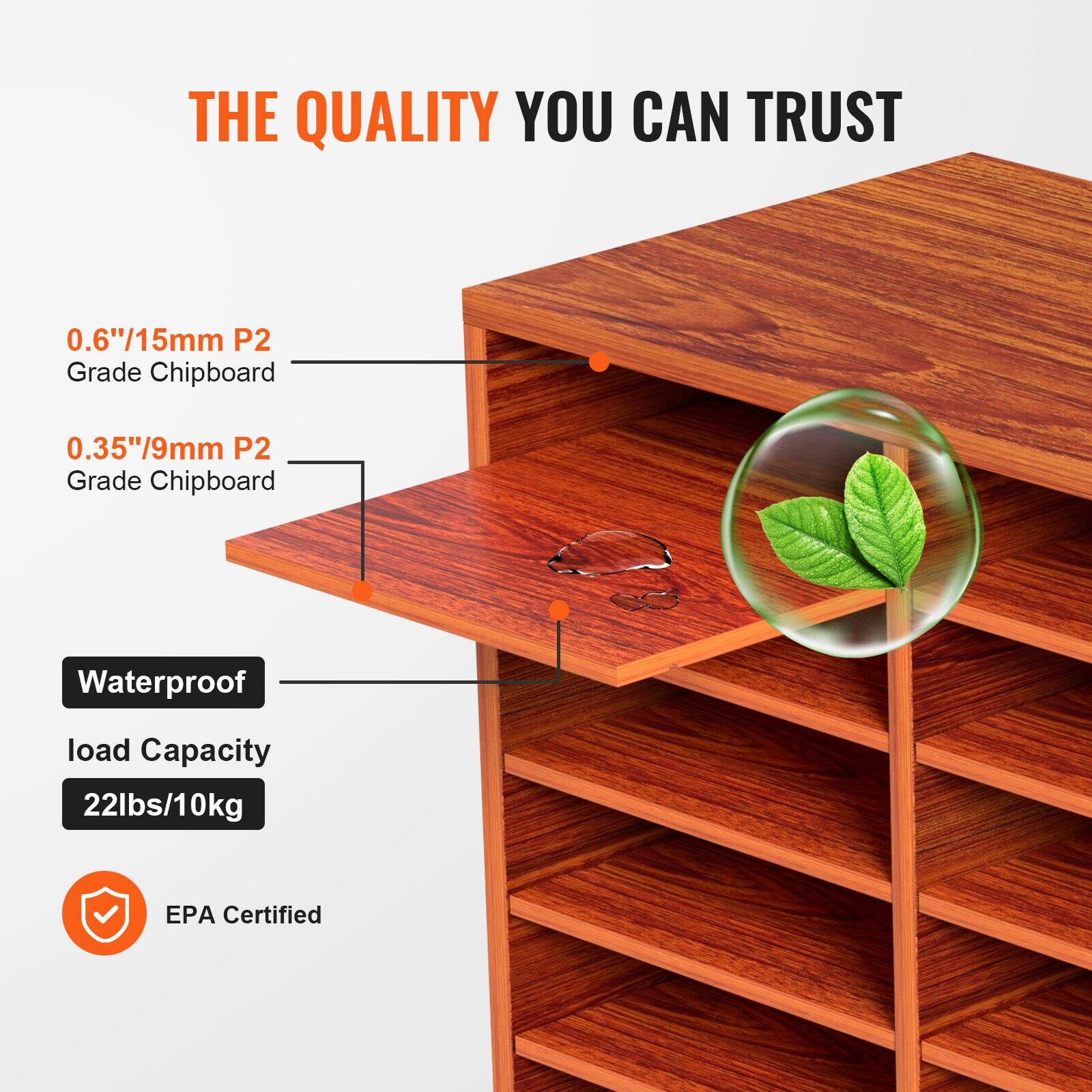 THE QUALITY YOU CAN TRUST

0.6"/15mm P2 Grade Chipboard  
0.35"/9mm P2 Grade Chipboard  

Waterproof  
Load Capacity 22lbs/10kg  

EPA Certified