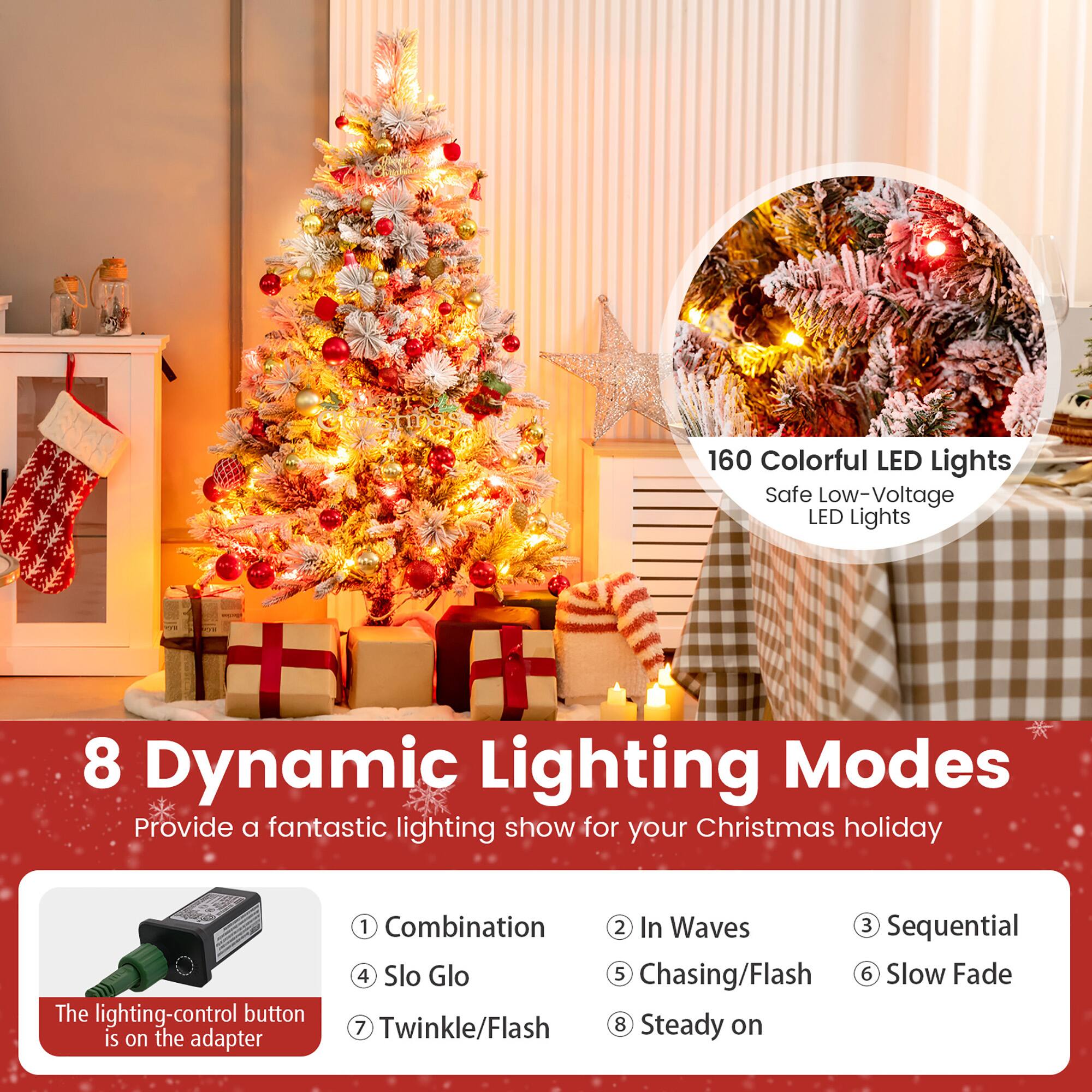 160 Colorful LED Lights  
Safe Low-Voltage LED Lights  

8 Dynamic Lighting Modes  
Provide a fantastic lighting show for your Christmas holiday  

1. Combination  
2. In Waves  
3. Sequential  
4. Slo Glo  
5. Chasing/Flash  
6. Slow Fade  
7. Twinkle/Flash  
8. Steady on  

The lighting-control button is on the adapter