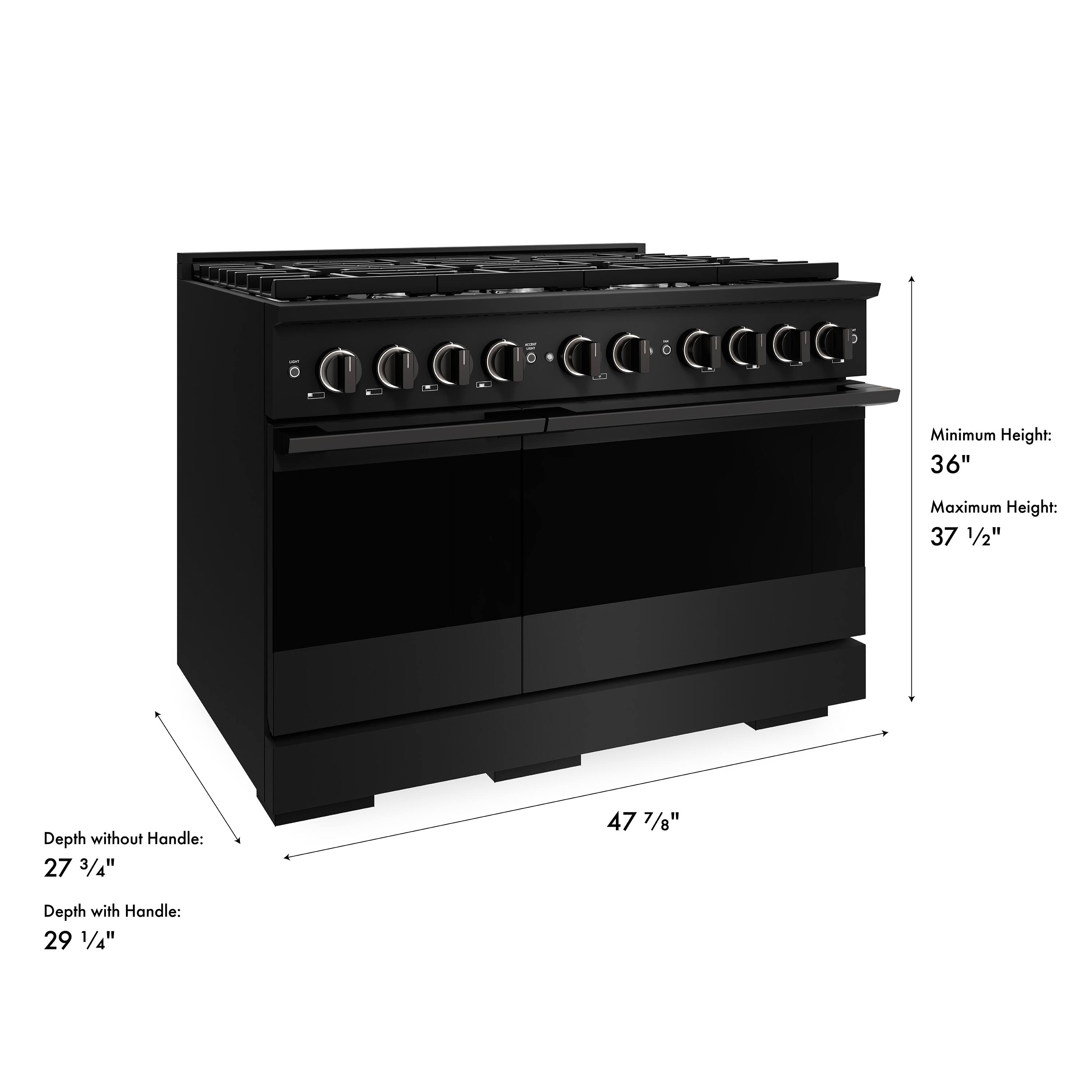 Minimum Height: 36"  
Maximum Height: 37 1/2"  
Depth without Handle: 27 3/4"  
Depth with Handle: 29 1/4"