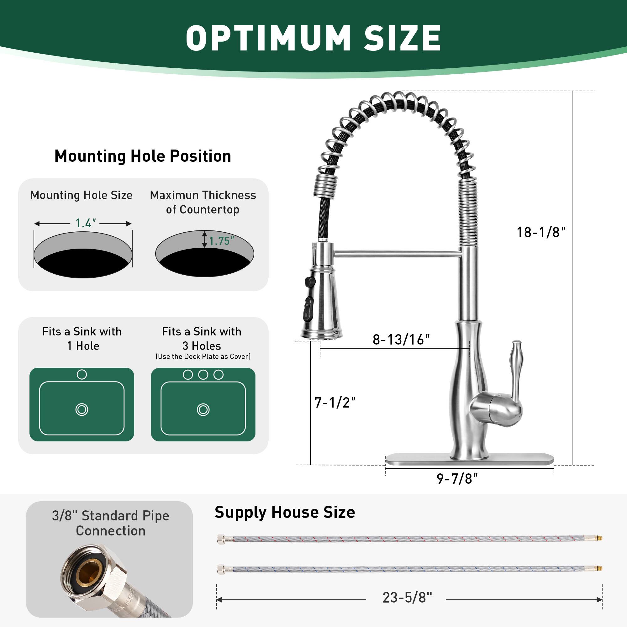 OPTIMUM SIZE

Mounting Hole Position

- Mounting Hole Size: 1.4"
- Maximum Thickness of Countertop: 1.75"

Fits a Sink with 1 Hole

Fits a Sink with 3 Holes
[Use the Deck Plate as Cover]

- 8-13/16"
- 7-1/2"
- 9-7/8"

3/8" Standard Pipe Connection

Supply House Size: 23-5/8"