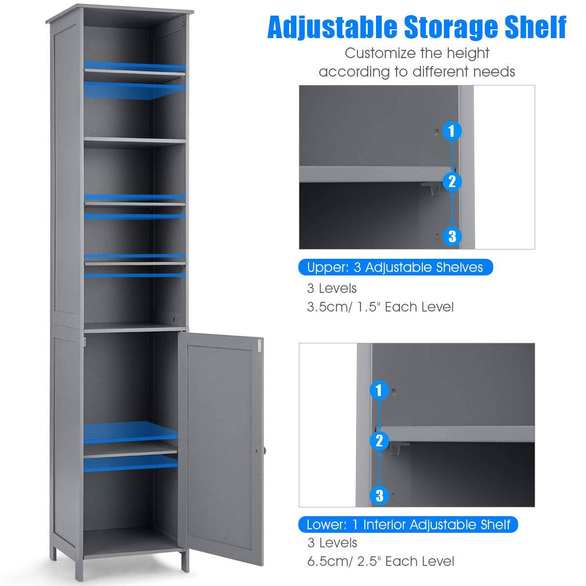 Adjustable Storage Shelf
Customize the height according to different needs

Upper: 3 Adjustable Shelves
3 Levels
3.5cm/ 1.5" Each Level

Lower: 1 Interior Adjustable Shelf
3 Levels
6.5cm/ 2.5" Each Level