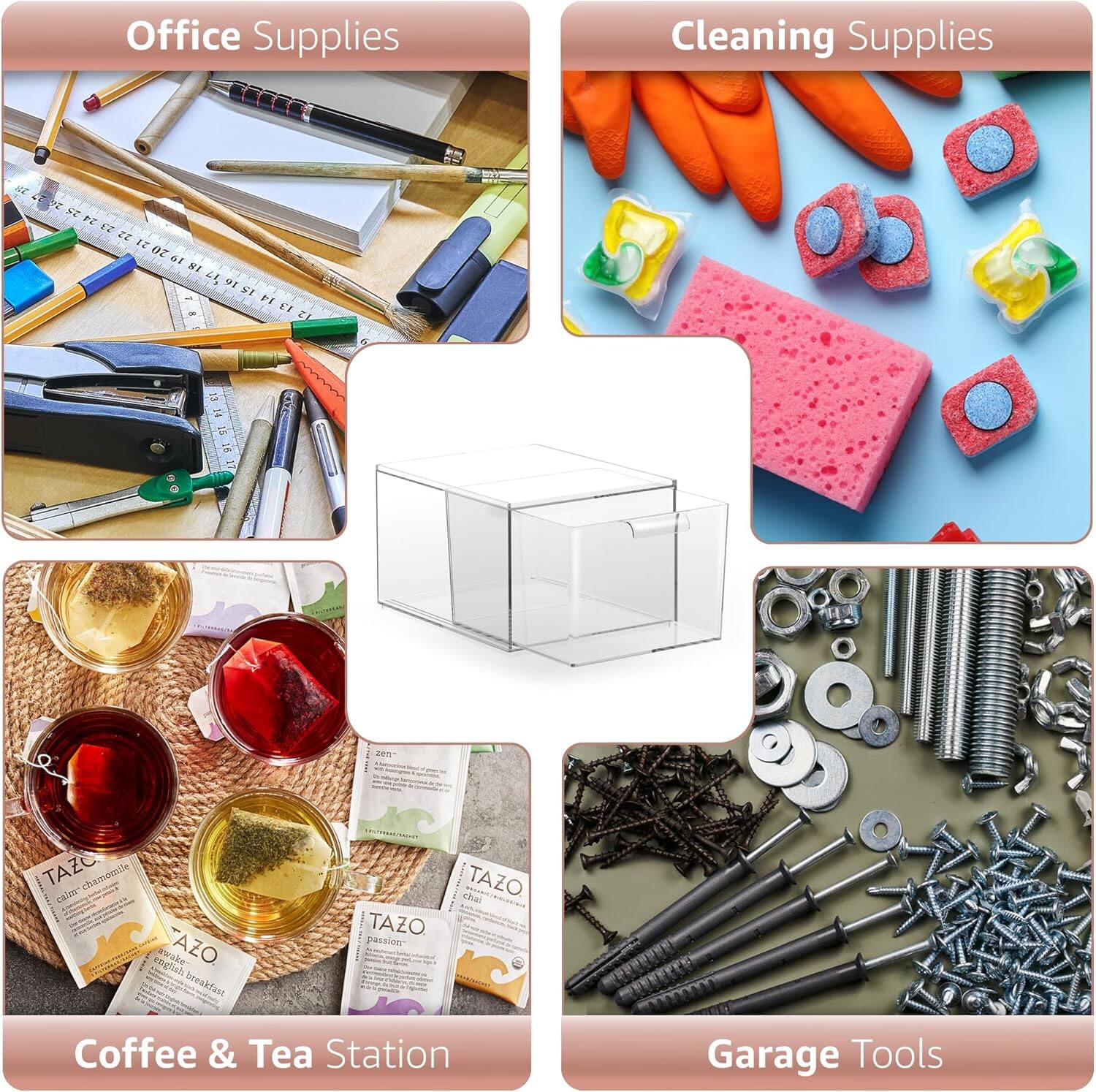 Office Supplies  
Cleaning Supplies  
Coffee & Tea Station  
Garage Tools