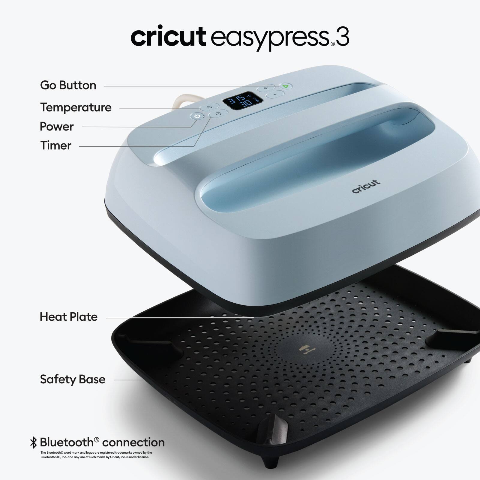 cricut easypress.3
Go Button
Temperature
Power
Timer
Heat Plate
Safety Base
Bluetooth connection