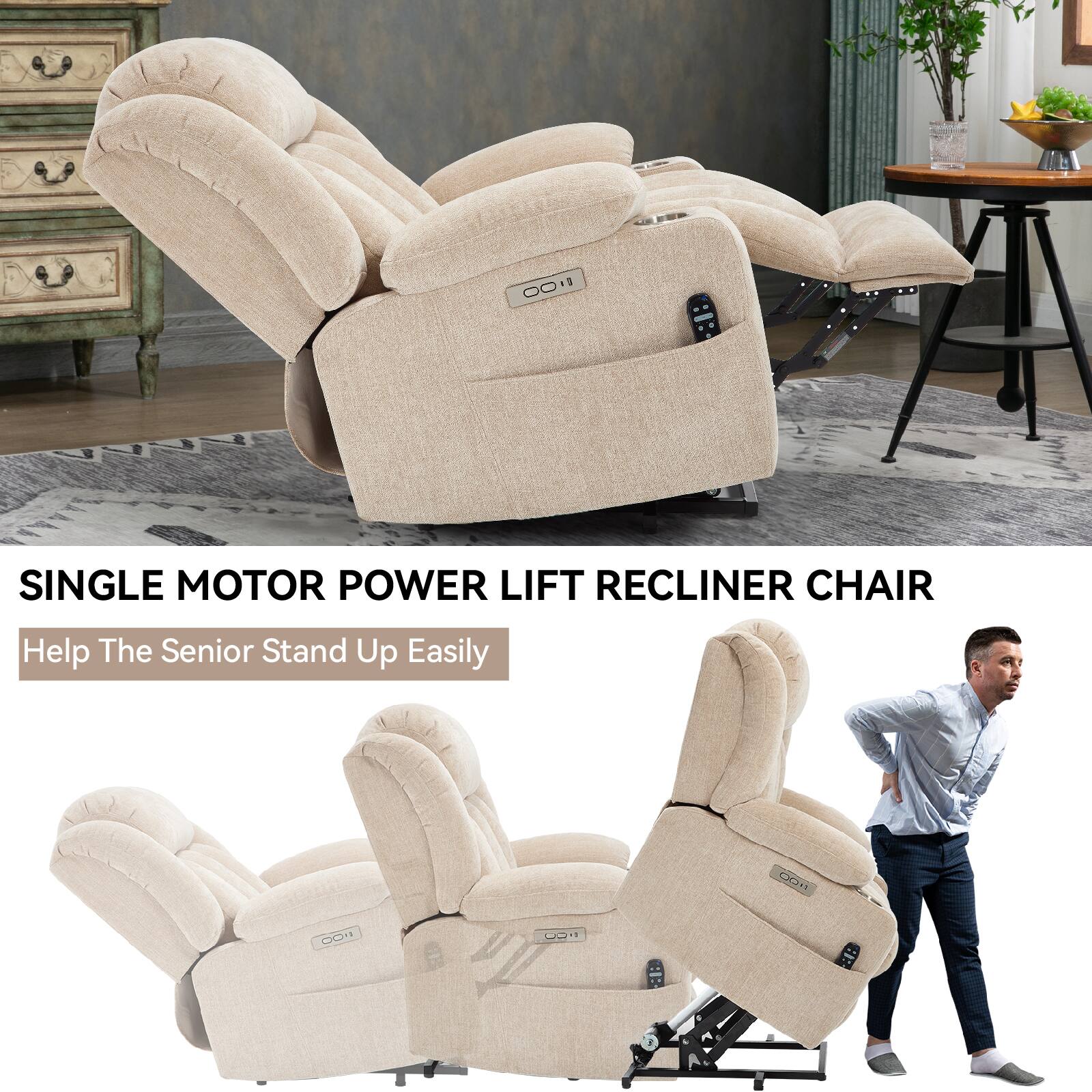 SINGLE MOTOR POWER LIFT RECLINER CHAIR  
Help The Senior Stand Up Easily