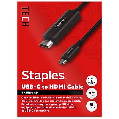 **Staples**  
**USB-C to HDMI Cable**  
**4K Ultra HD**  

Connect HDMI and USB-C ports to deliver crisp, 4K Ultra HD video and audio with a single cable. Suitable for computers, gaming, HD video equipment, and other devices with an HDMI or USB-C connection.  

**6FT / 1.8M**  
**AUDIO & VIDEO**  
**BLACK**