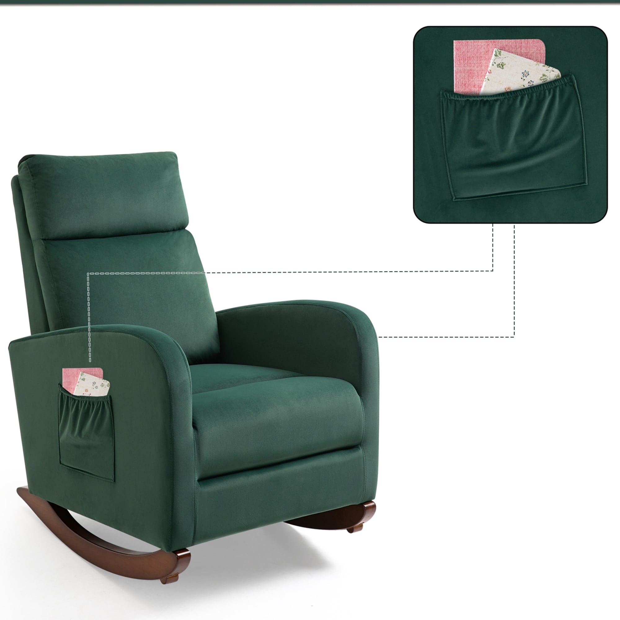 Alt View 1. U-HOMY - Mid Century Velvet Rocking Chair with High Back – Upholstered Glider Armchair for Nursery or Living Room - Green.
