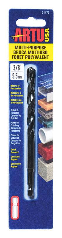 01472 ARTU USA MULTI-PURPOSE BROCA MULTIUSO FORET POLYVALENT 3/8 9,5mm Rotary or Percussion Rotatorio de Percusión Rotative ou a Percussion Cobalt & Tungsten Carbide Tip Drill Bit Punta de Cobalto y Carburo de Tungsteno Pointe de Cobalt et Carbure de Tungstene Quick Connect Conexión Rapida Connexion Rapide
