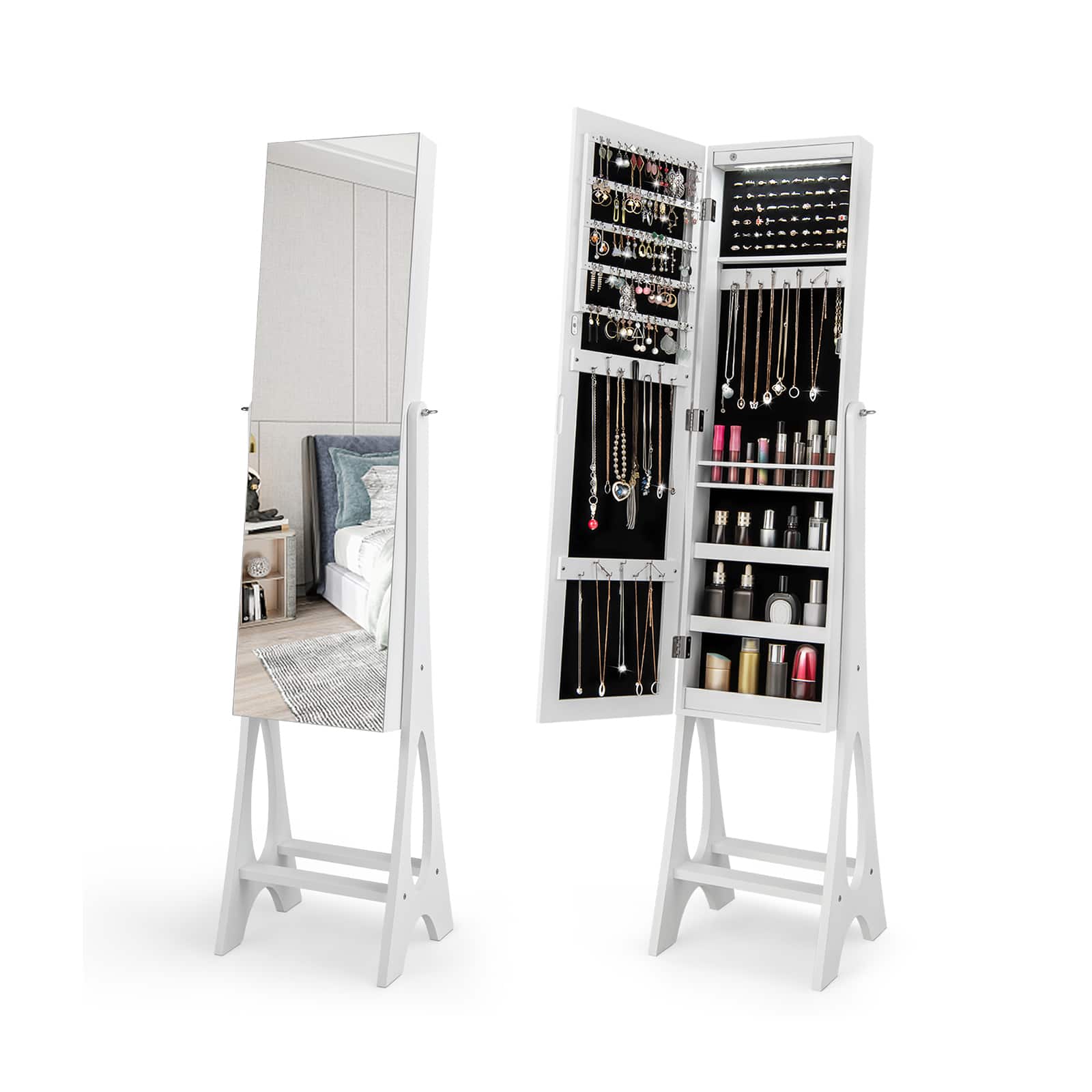 Ecooso - Freestanding Jewelry Cabinet Organizer with Beveled Full-Length Mirror and Storage