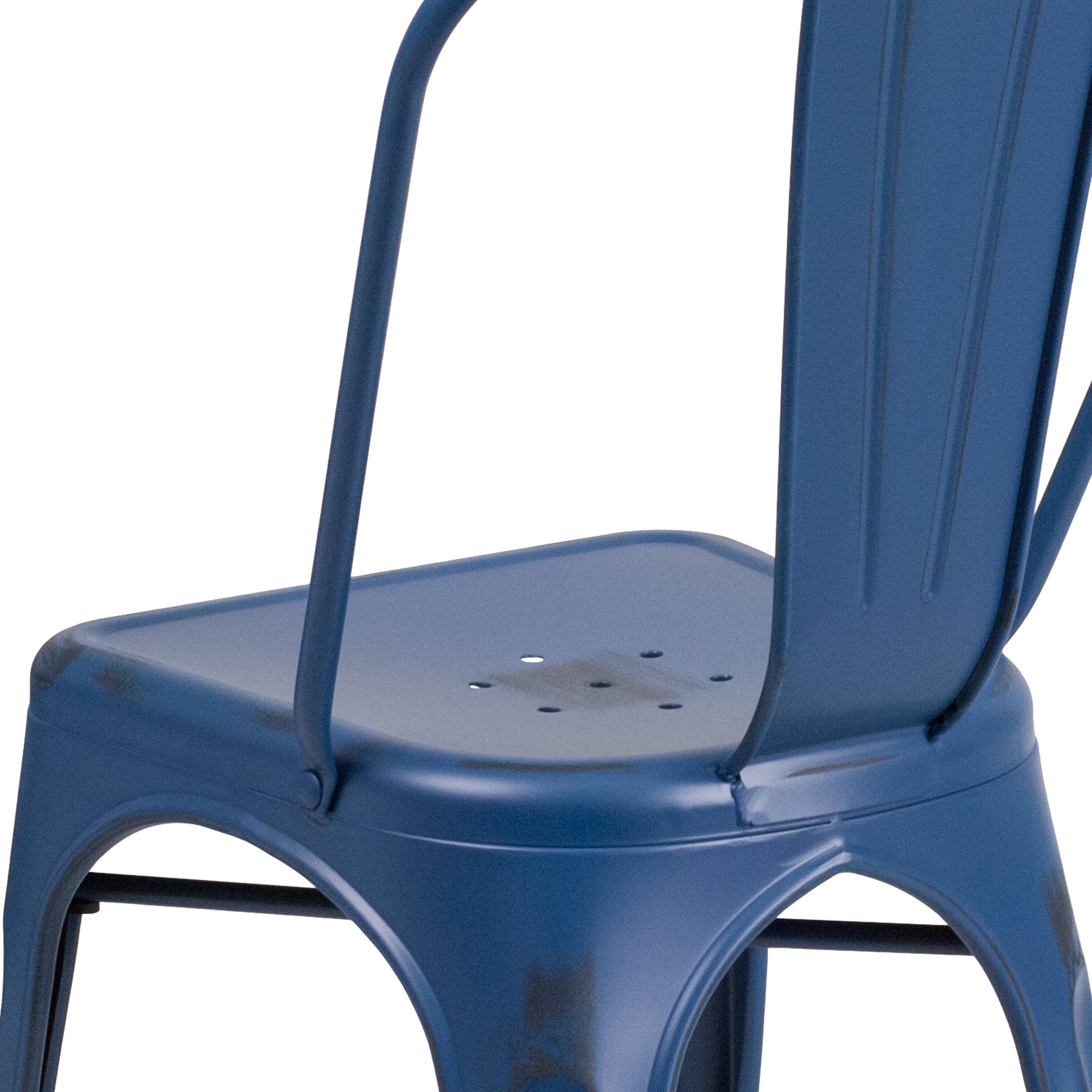 Alt View 9. Emma + Oliver - Commercial Grade 4 Pack Distressed Metal Indoor-Outdoor Stackable Chair - Antique Blue.