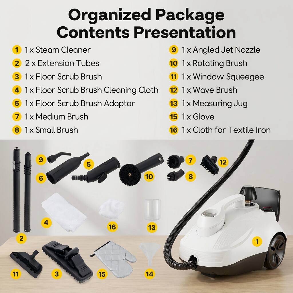 Organized Package Contents Presentation

1. 1 x Steam Cleaner
2. 2 x Extension Tubes
3. 1 x Floor Scrub Brush
4. 1 x Floor Scrub Brush Cleaning Cloth
5. 1 x Floor Scrub Brush Adaptor
6. 1 x Medium Brush
7. 1 x Small Brush
8. 1 x Angled Jet Nozzle
9. 1 x Rotating Brush
10. 1 x Window Squeegee
11. 1 x Wave Brush
12. 1 x Measuring Jug
13. 1 x Glove
14. 1 x Cloth for Textile Iron