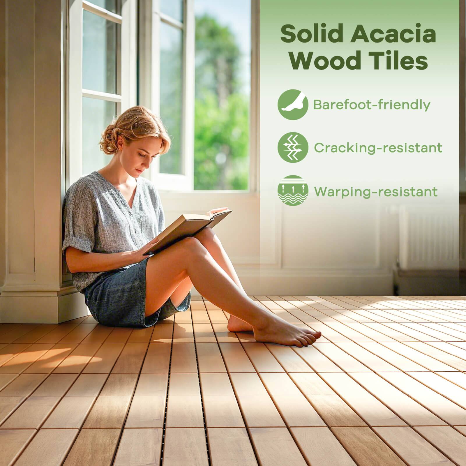 Solid Acacia Wood Tiles  
Barefoot-friendly  
Cracking-resistant  
Warping-resistant