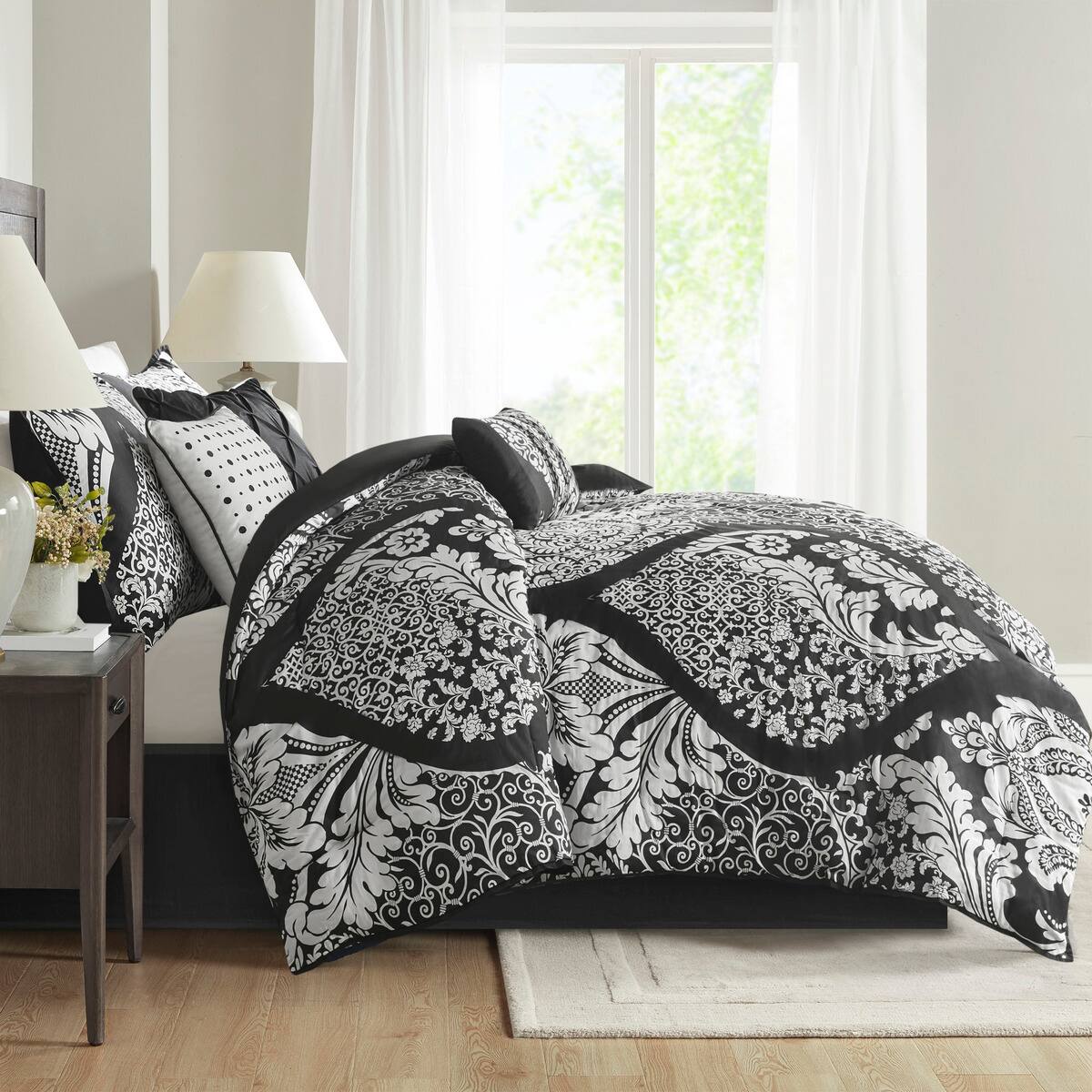Angle. TinyHomie - 7 Piece Cotton Printed Comforter Set Black King - Black.