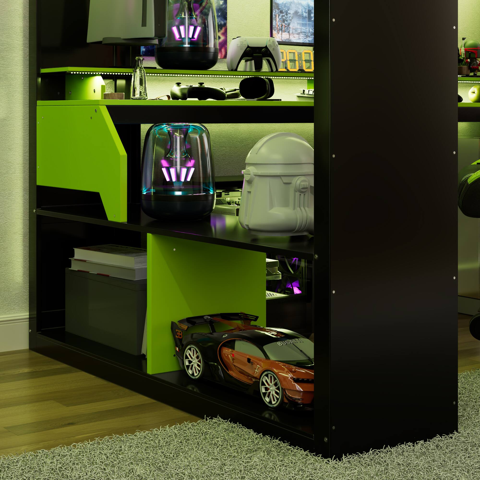 Back. Anysun - Full Size Wood Loft Bed with Power Outlet & USB/Type-C Ports, Integrated Cable Management, and RGB Light - Green.