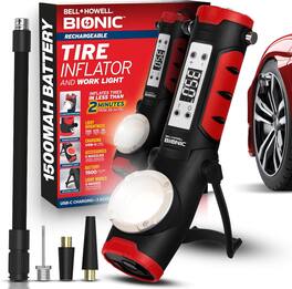 Bell + Howell - Bionic Car Tire Inflator Rechargeable Air Compressor with LED Pressure Gauge Work Light Emergency Light Window Breaker