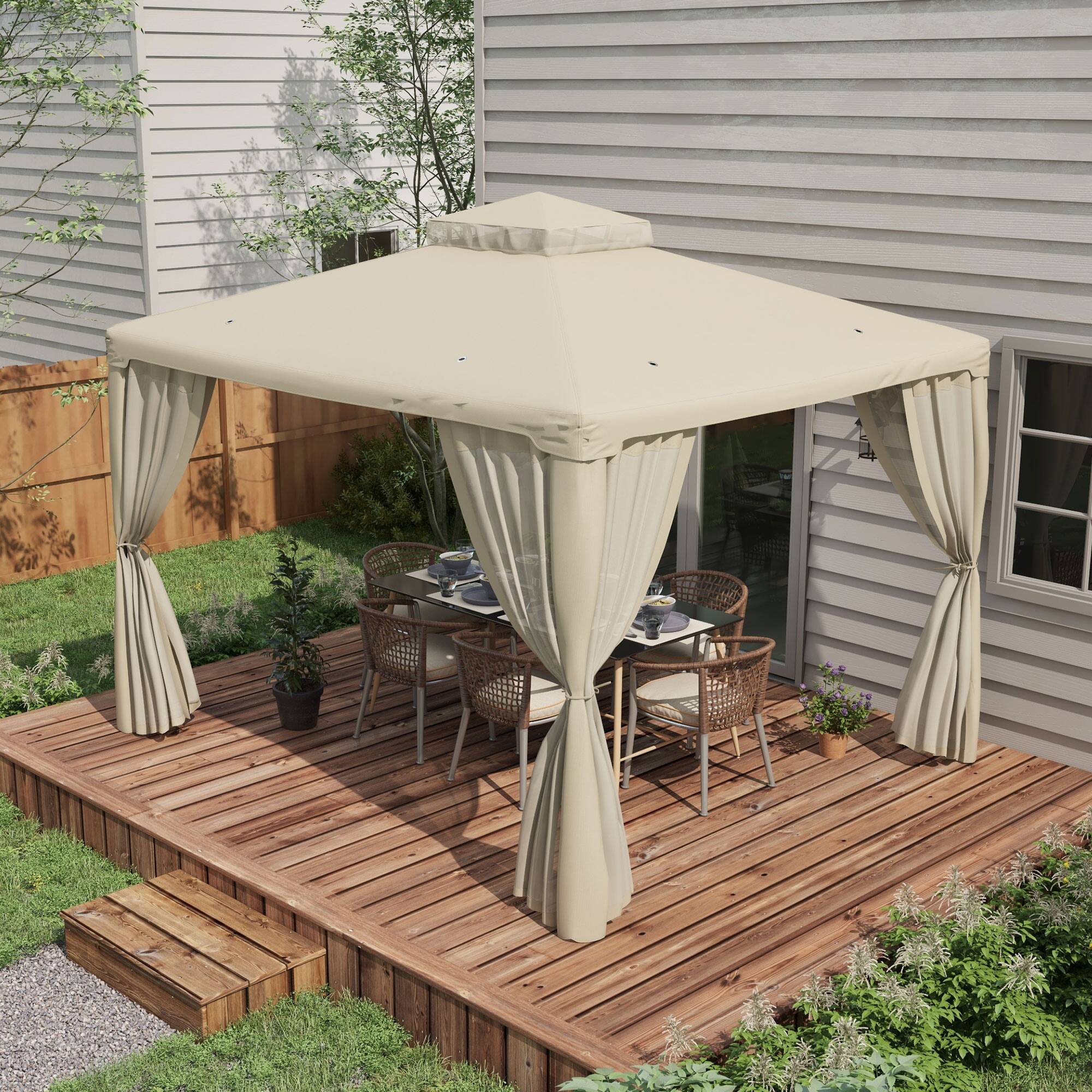 Alt View 1. Outsunny - 9.6' x 11.6' Patio Gazebo, Outdoor Canopy Shelter with 2-Tier Roof and Netting, Steel Frame for Garden, Lawn, Backyard - Cream White.