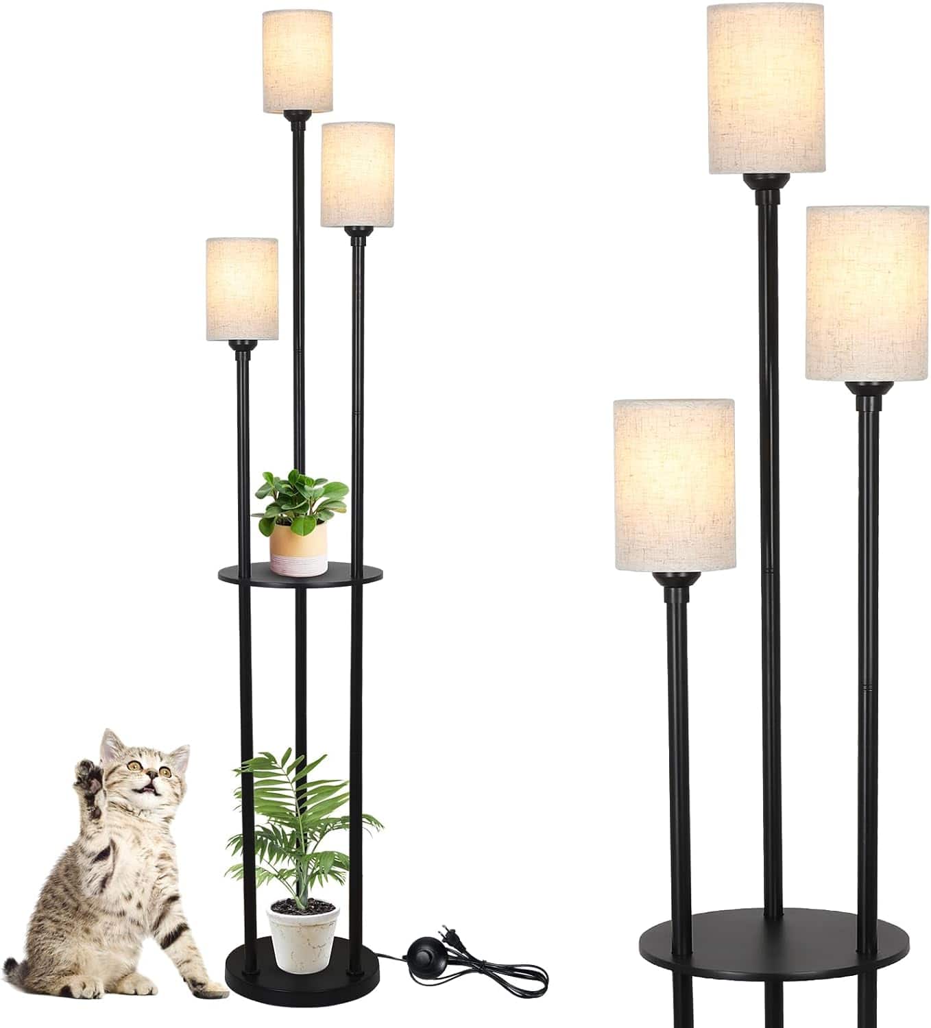Z-Edge - Floor Lamp with Shelves, 3-Lights Standing Lamp with Linen Shade, Foot Switch, Industrial Standing Lamps for Living Room - Black
