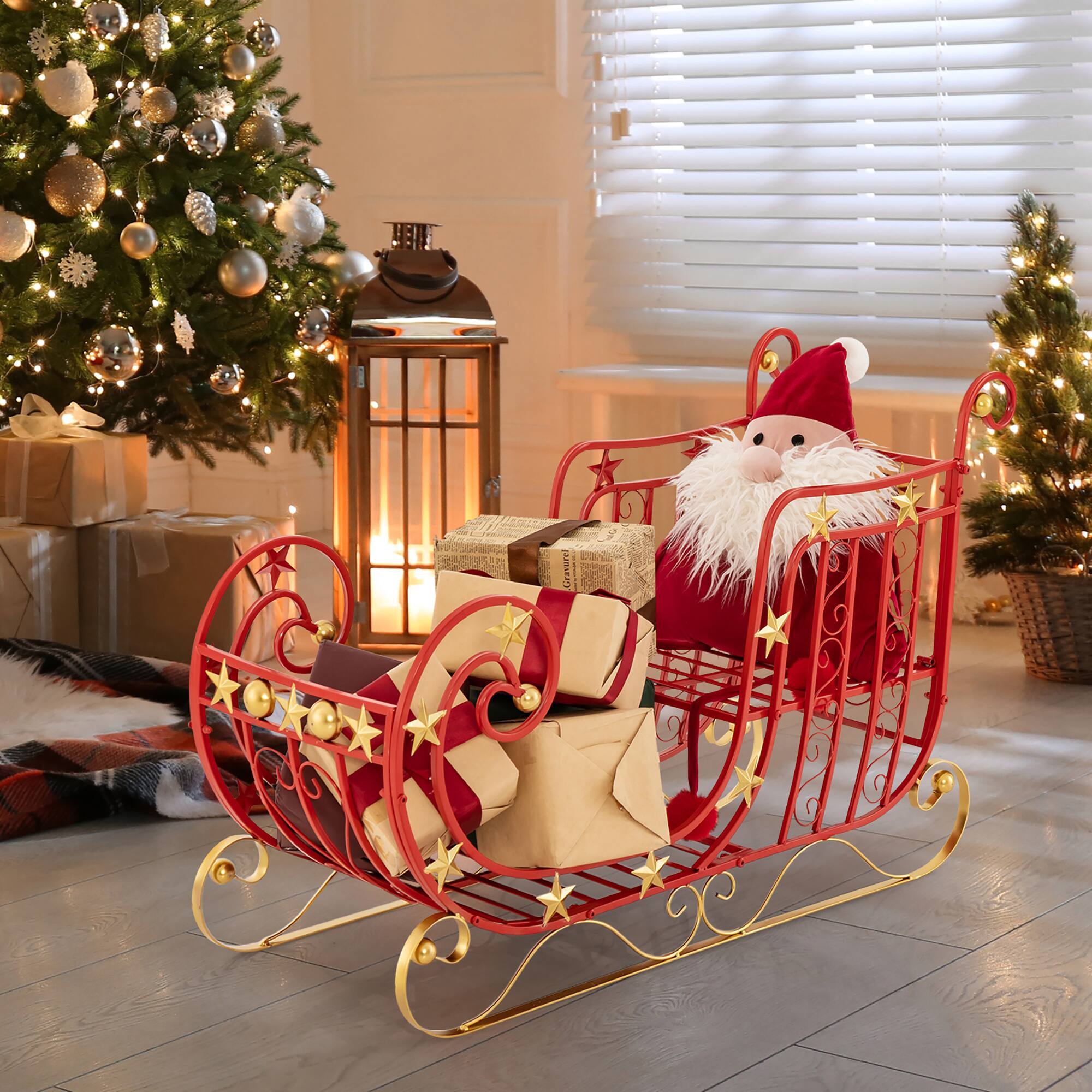 Alt View 1. Gymax - Gymax Christmas Metal Sleigh Large Red Santa Sleigh Decoration w/ Big Loading Area for Gifts - Red, Golden.